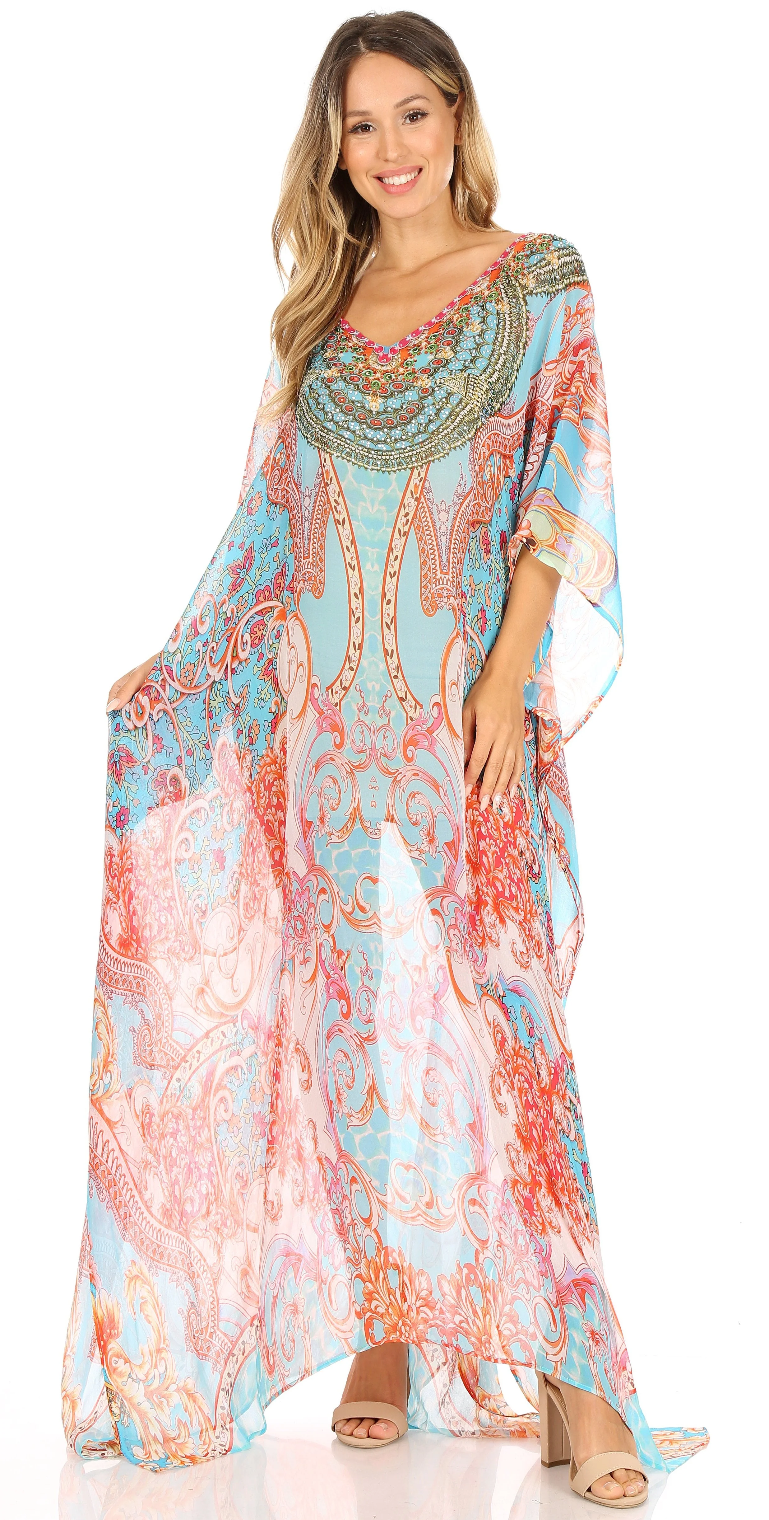 Sakkas Wilder Printed Design Long Sheer Rhinestone Caftan Dress / Cover Up - Image 185