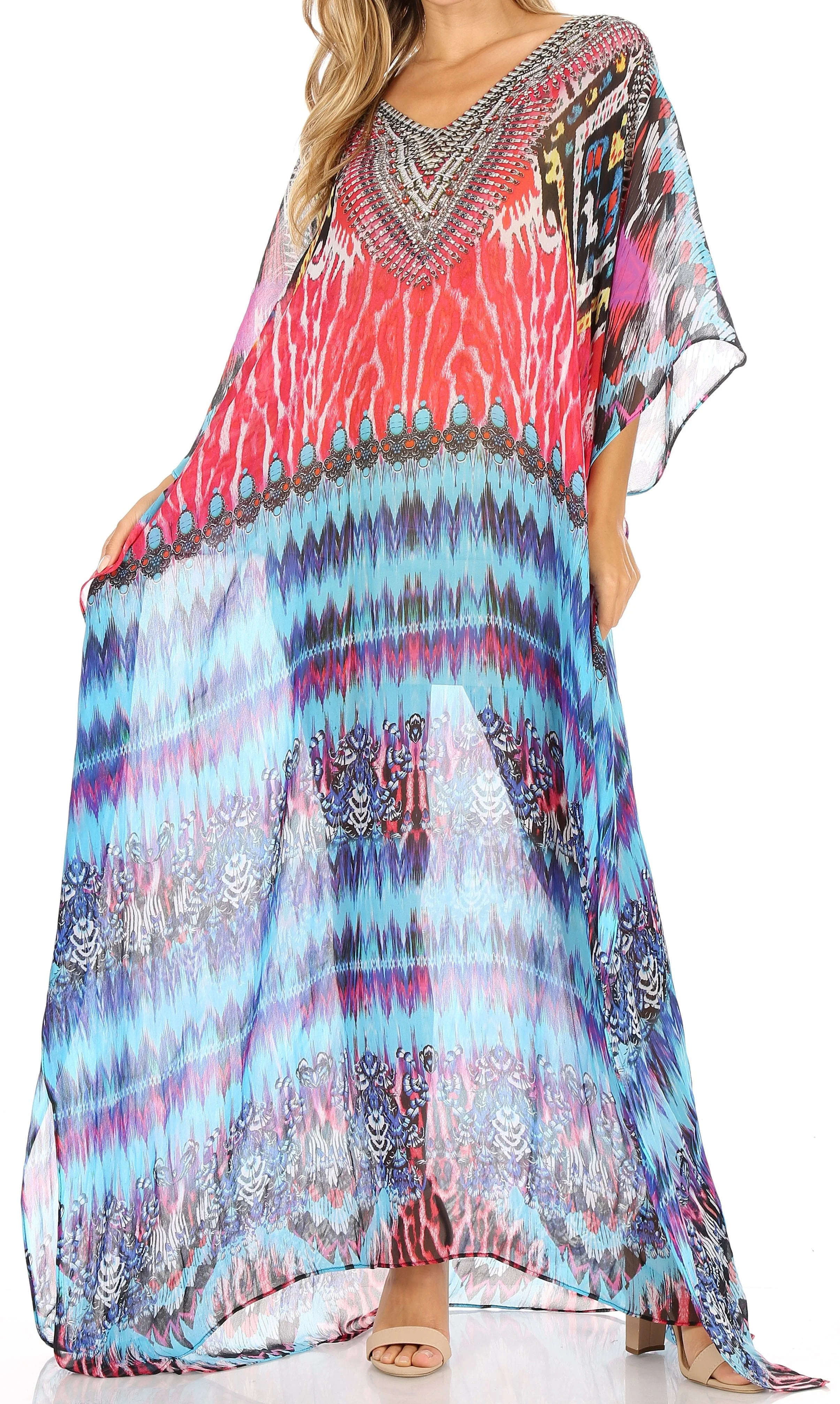 Sakkas Wilder Printed Design Long Sheer Rhinestone Caftan Dress / Cover Up - Image 186