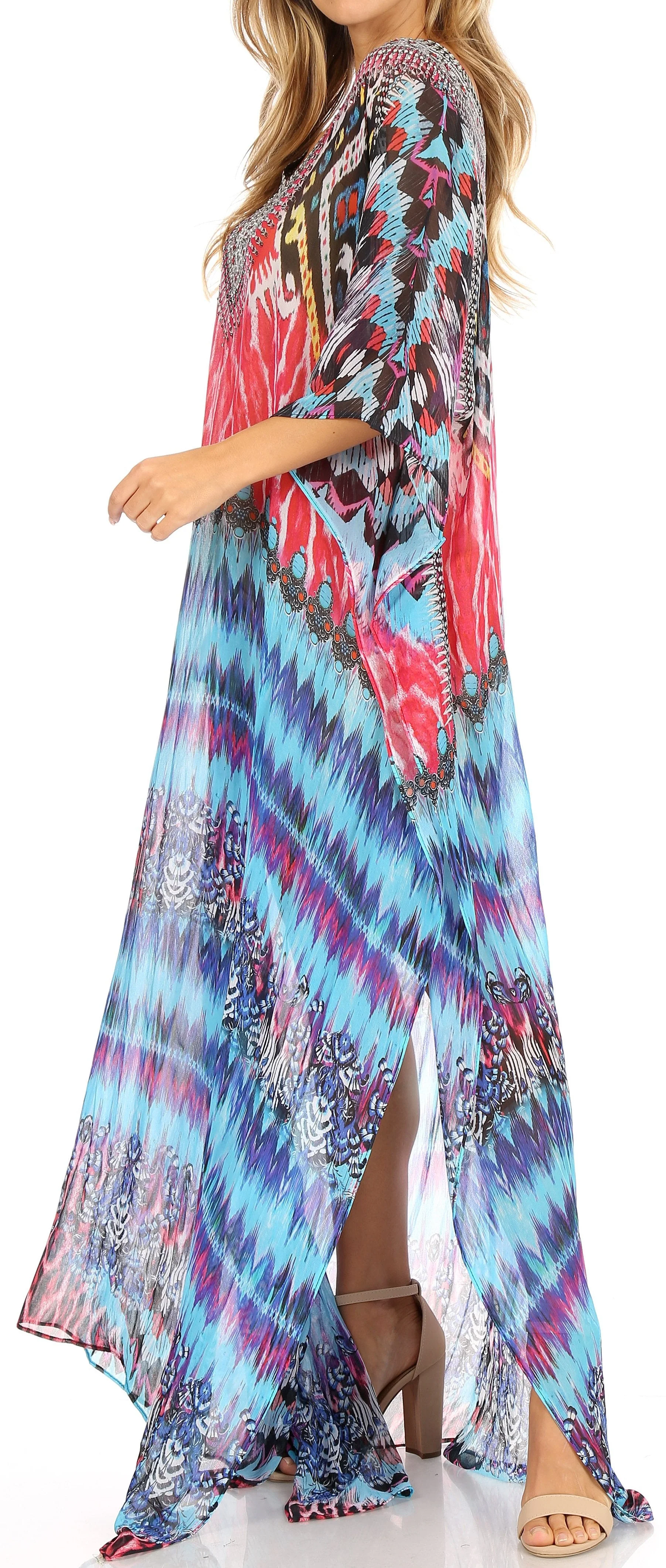 Sakkas Wilder Printed Design Long Sheer Rhinestone Caftan Dress / Cover Up - Image 188
