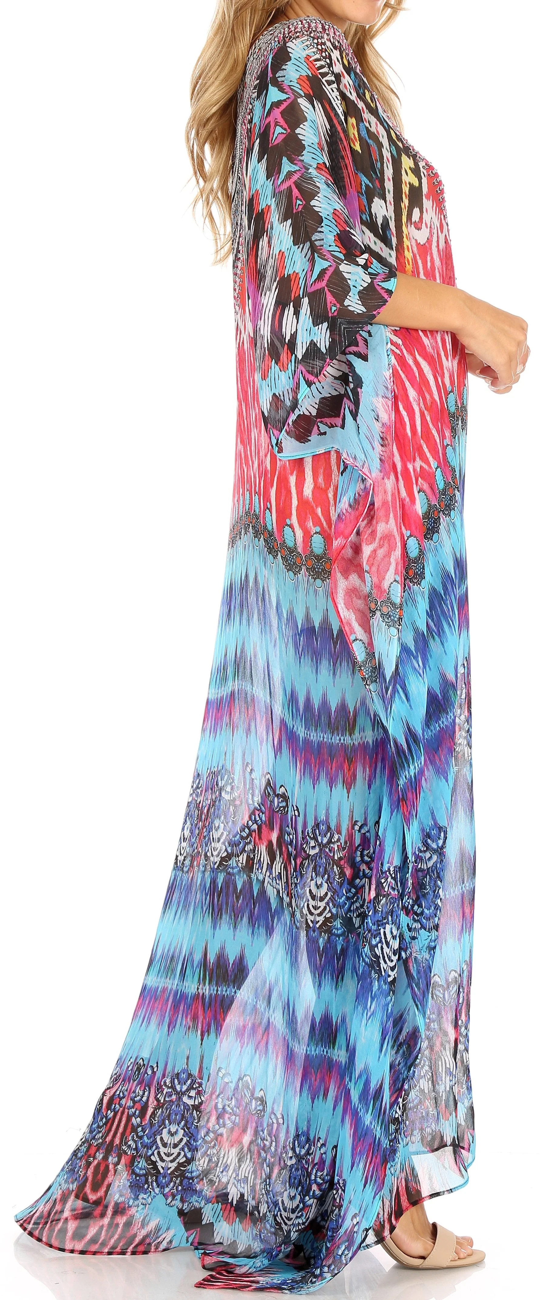 Sakkas Wilder Printed Design Long Sheer Rhinestone Caftan Dress / Cover Up - Image 189