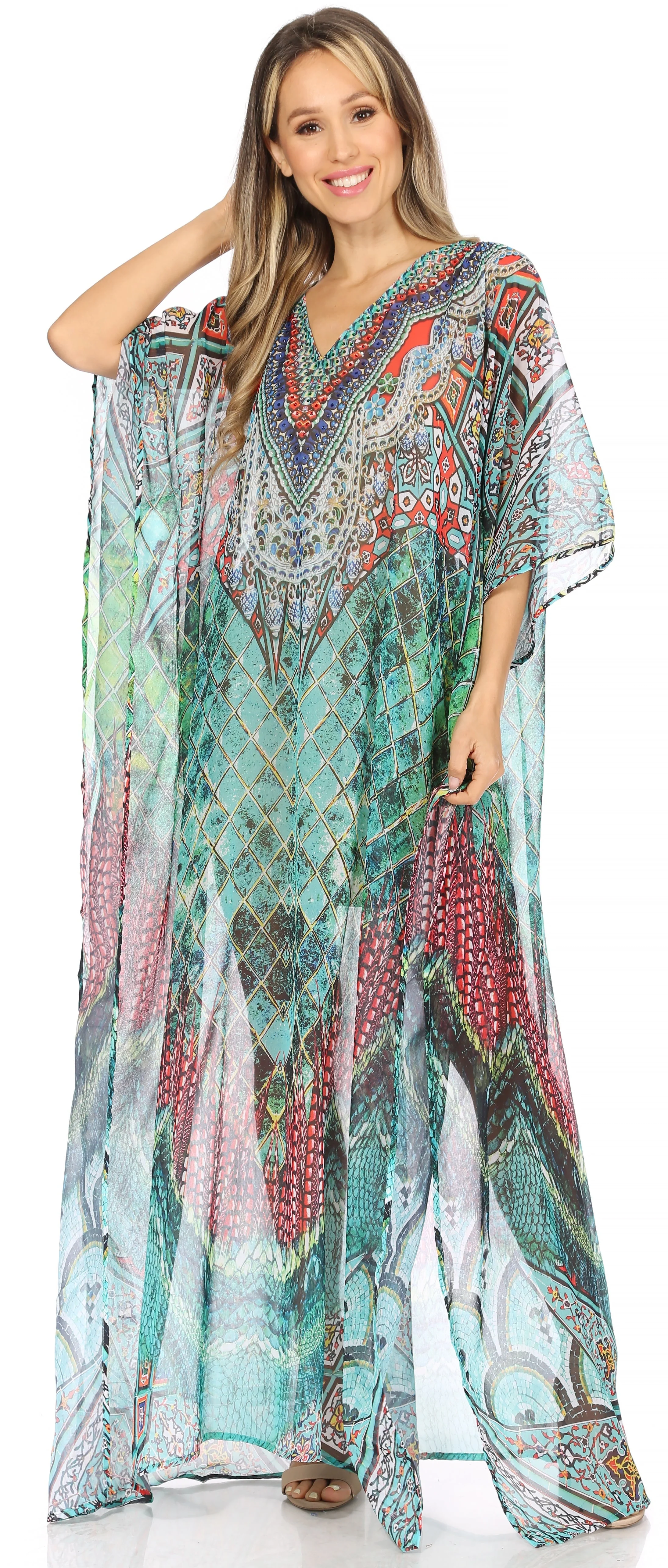 Sakkas Wilder Printed Design Long Sheer Rhinestone Caftan Dress / Cover Up - Image 195