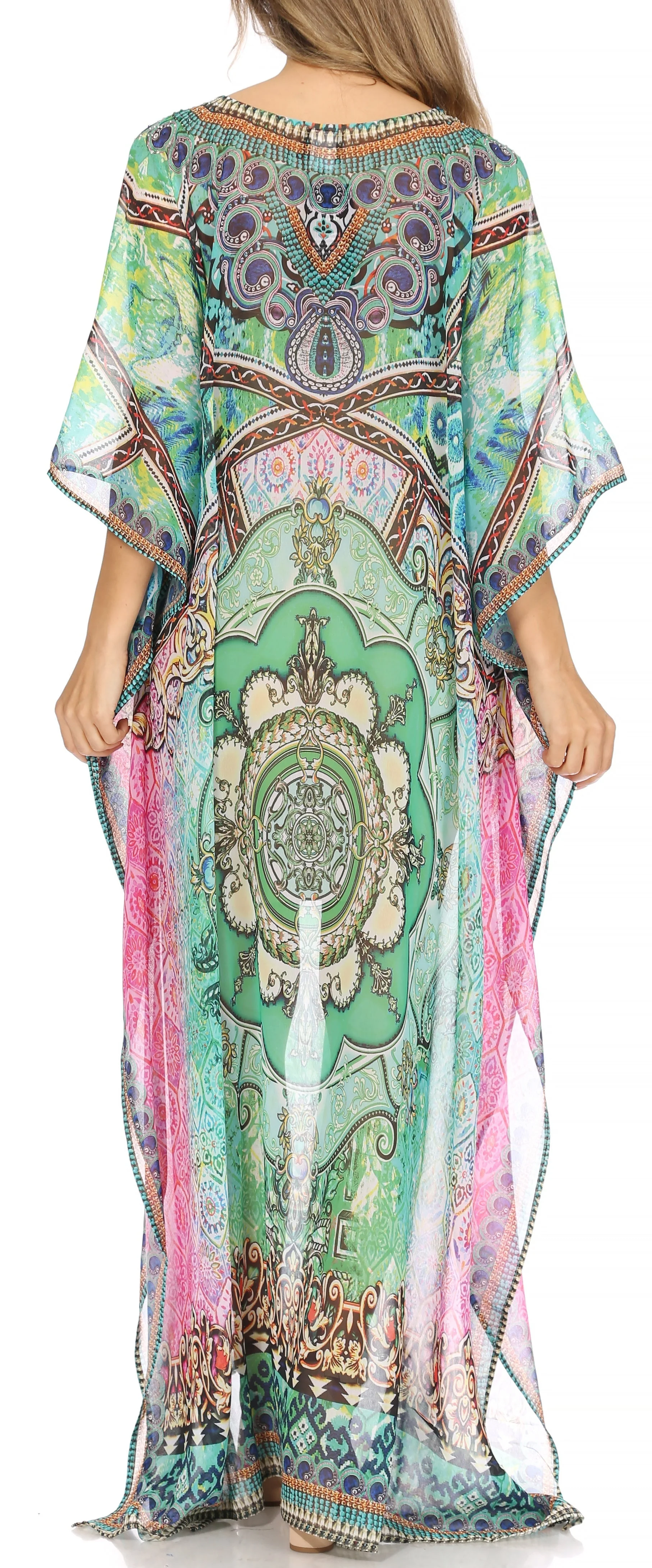 Sakkas Wilder Printed Design Long Sheer Rhinestone Caftan Dress / Cover Up - Image 197