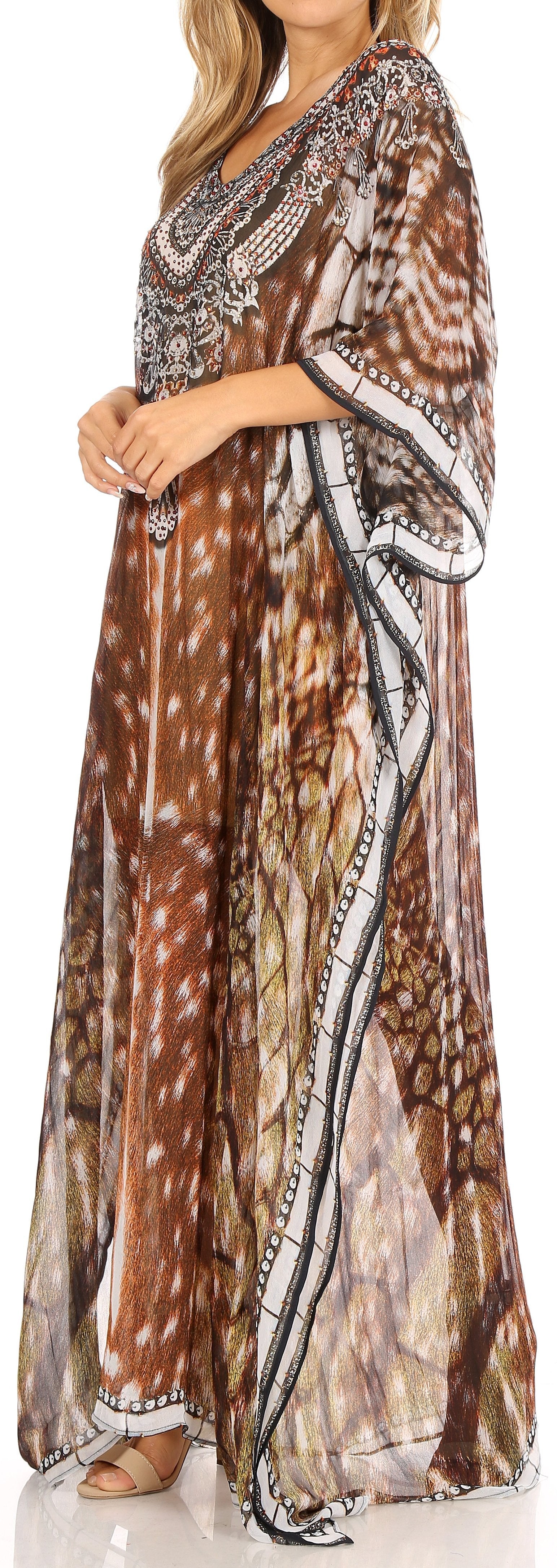 Sakkas Wilder Printed Design Long Sheer Rhinestone Caftan Dress / Cover Up - Image 203