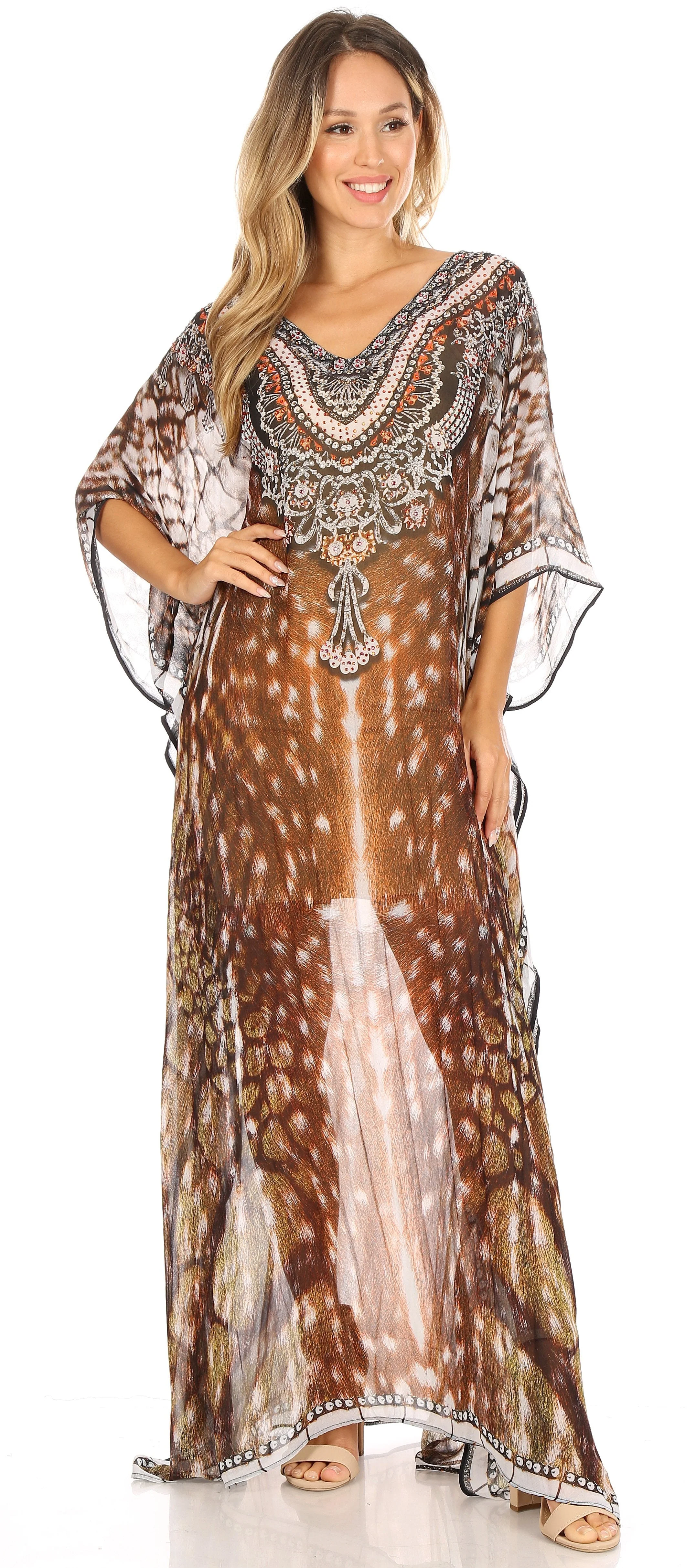 Sakkas Wilder Printed Design Long Sheer Rhinestone Caftan Dress / Cover Up - Image 205