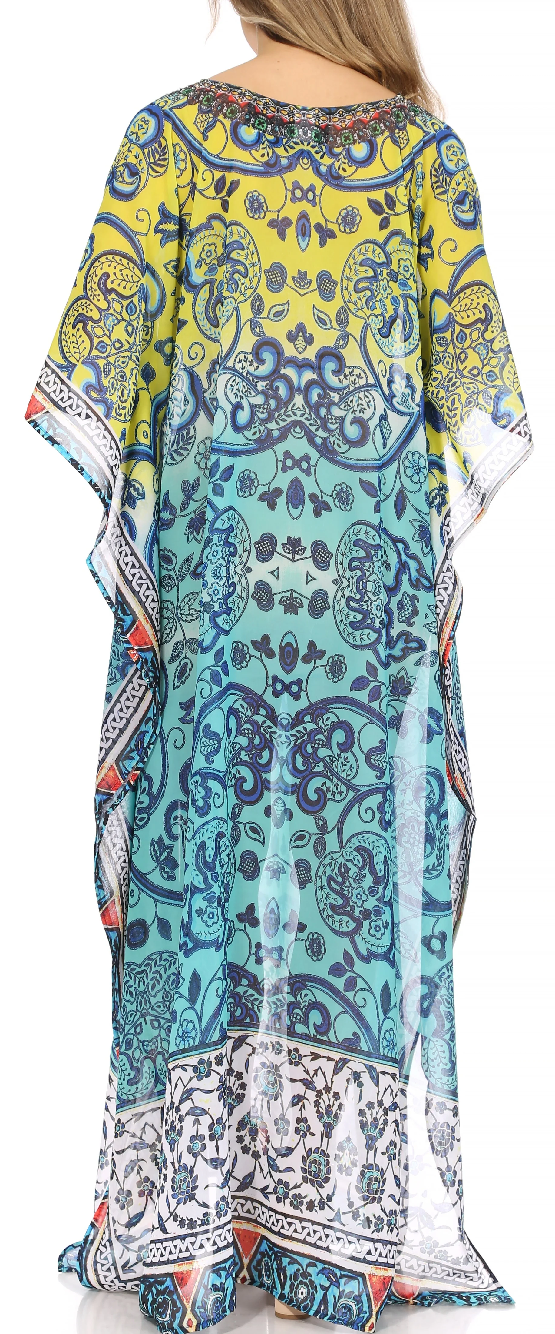Sakkas Wilder Printed Design Long Sheer Rhinestone Caftan Dress / Cover Up - Image 22