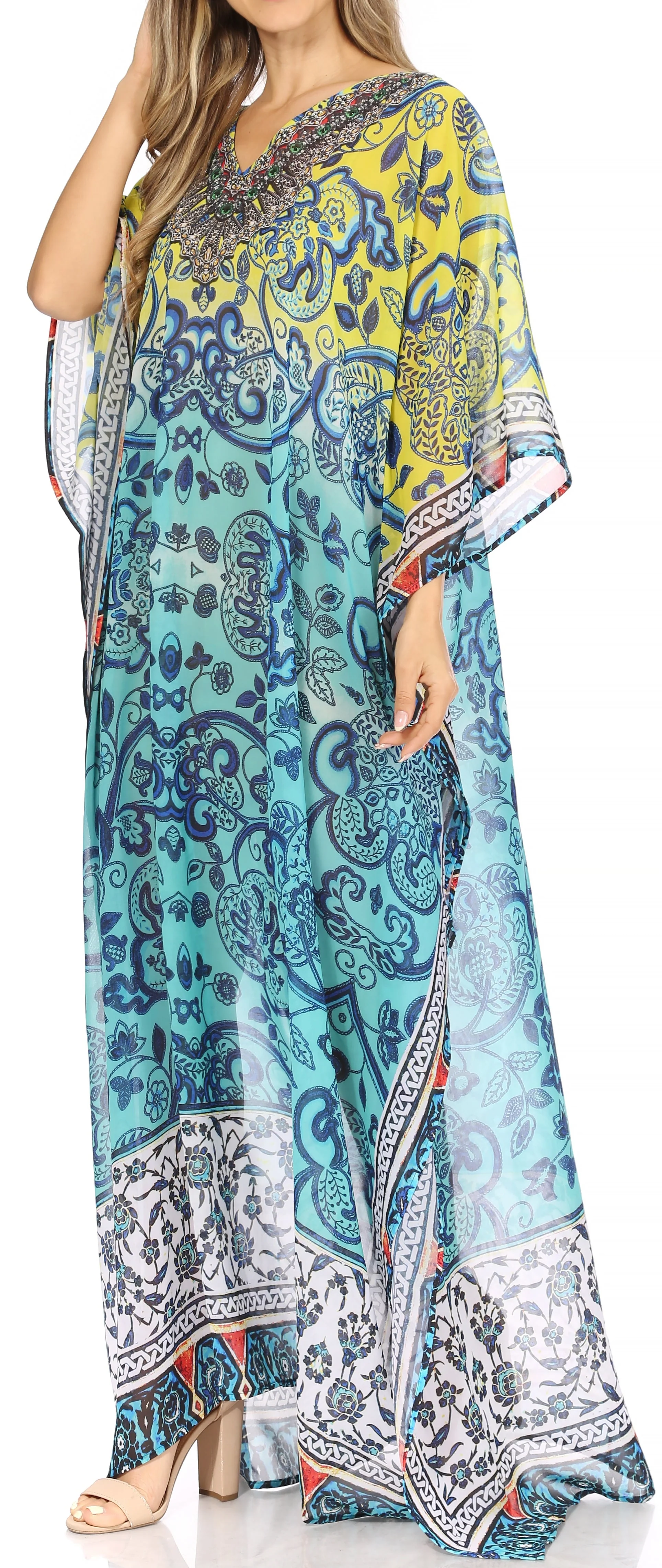 Sakkas Wilder Printed Design Long Sheer Rhinestone Caftan Dress / Cover Up - Image 24