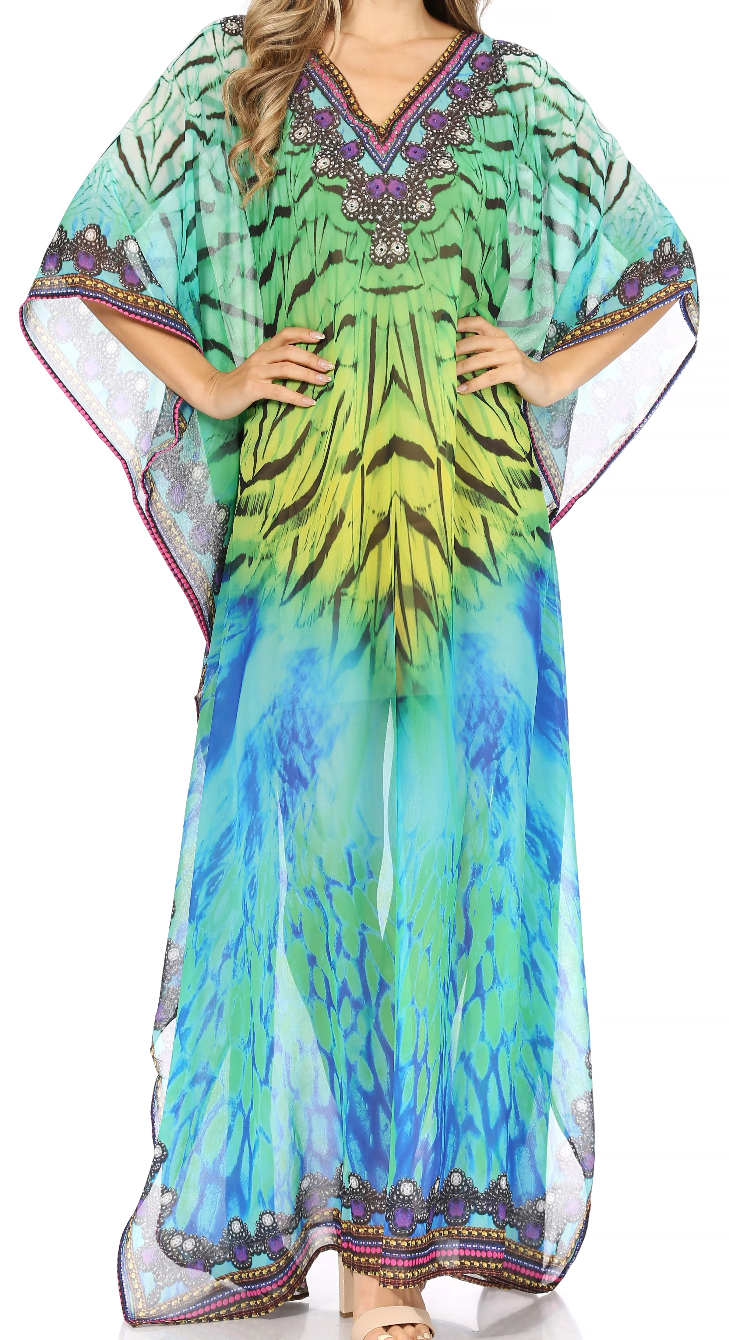 Sakkas Wilder Printed Design Long Sheer Rhinestone Caftan Dress / Cover Up - Image 26