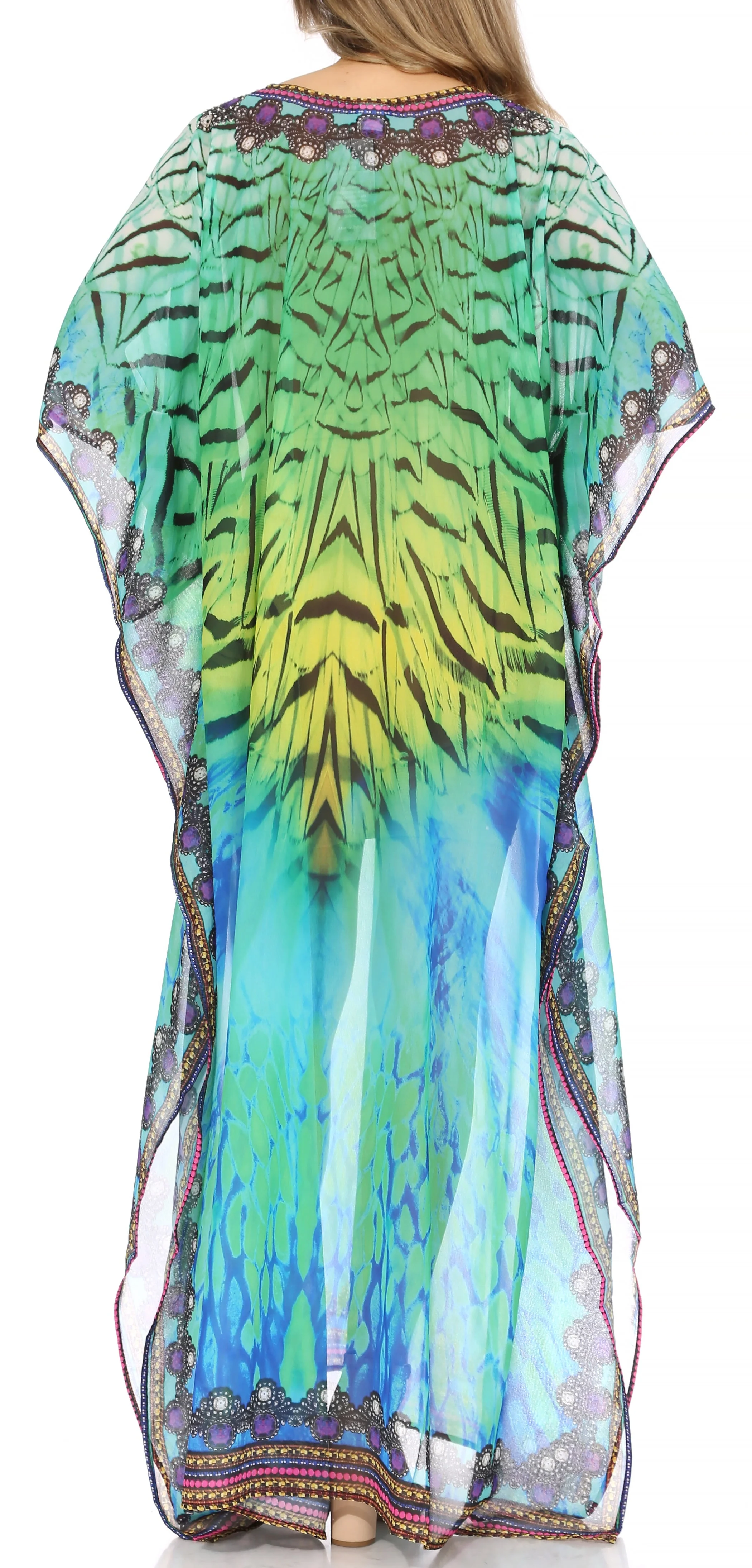 Sakkas Wilder Printed Design Long Sheer Rhinestone Caftan Dress / Cover Up - Image 27