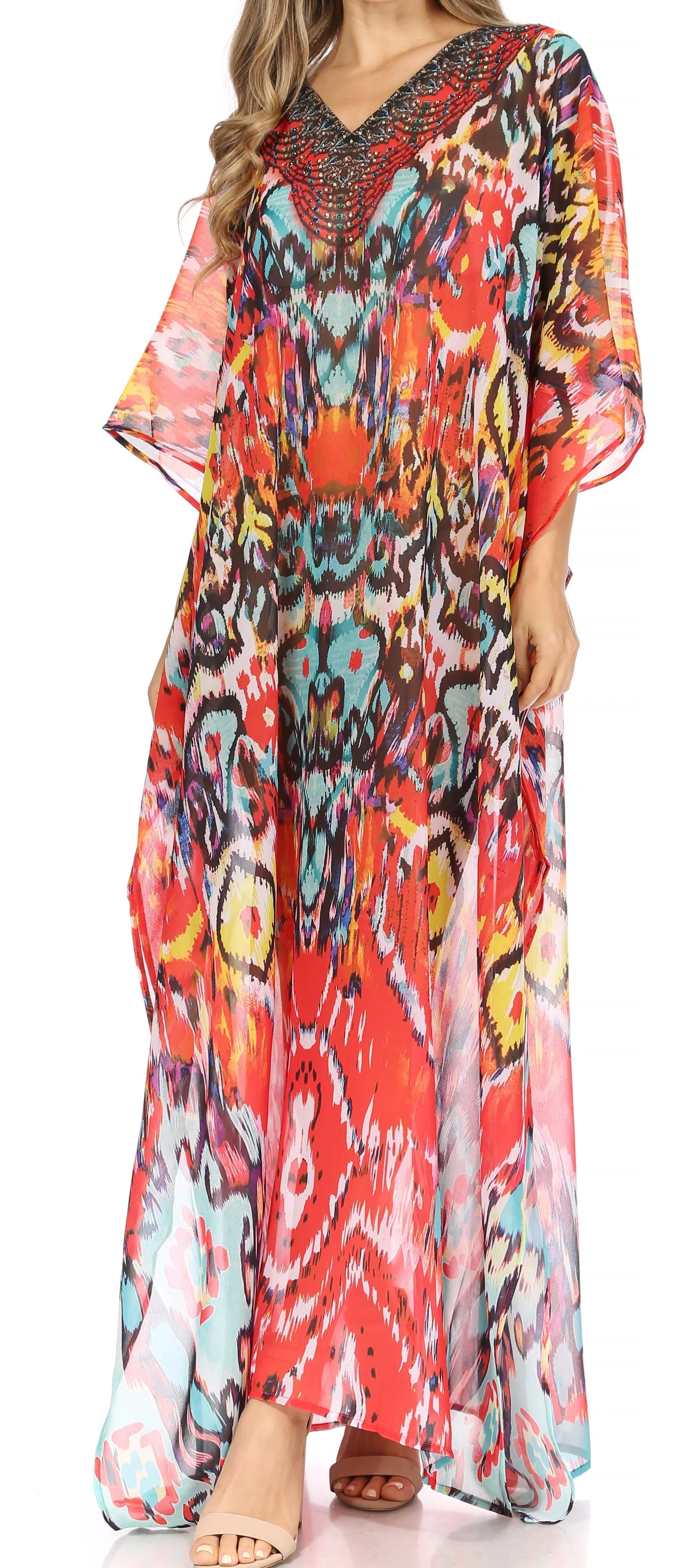 Sakkas Wilder Printed Design Long Sheer Rhinestone Caftan Dress / Cover Up - Image 31