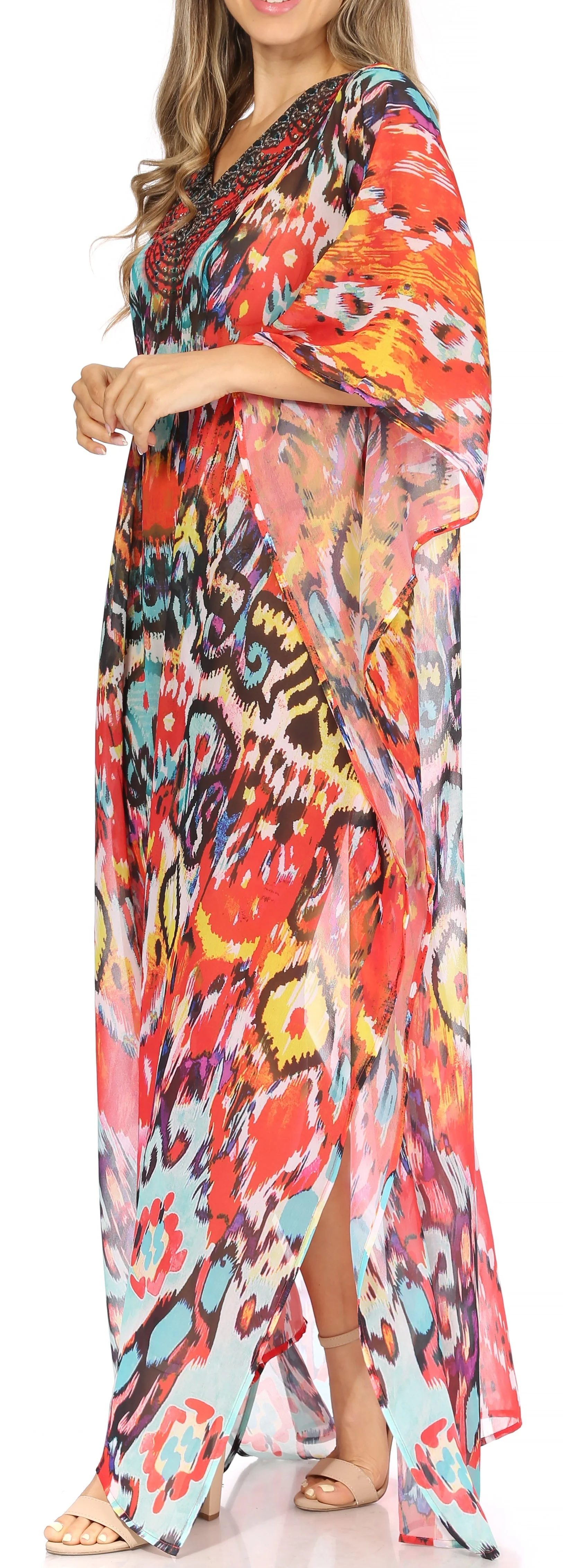 Sakkas Wilder Printed Design Long Sheer Rhinestone Caftan Dress / Cover Up - Image 34