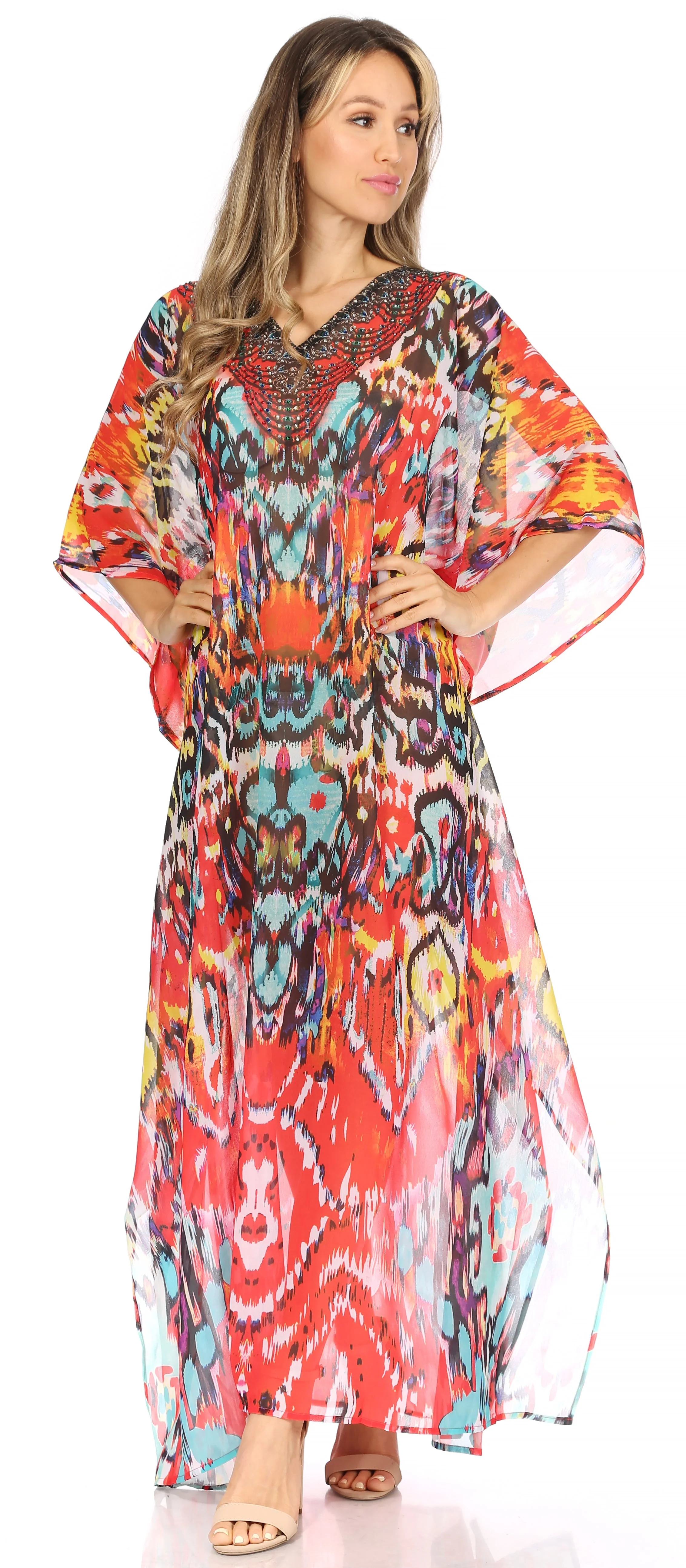 Sakkas Wilder Printed Design Long Sheer Rhinestone Caftan Dress / Cover Up - Image 35