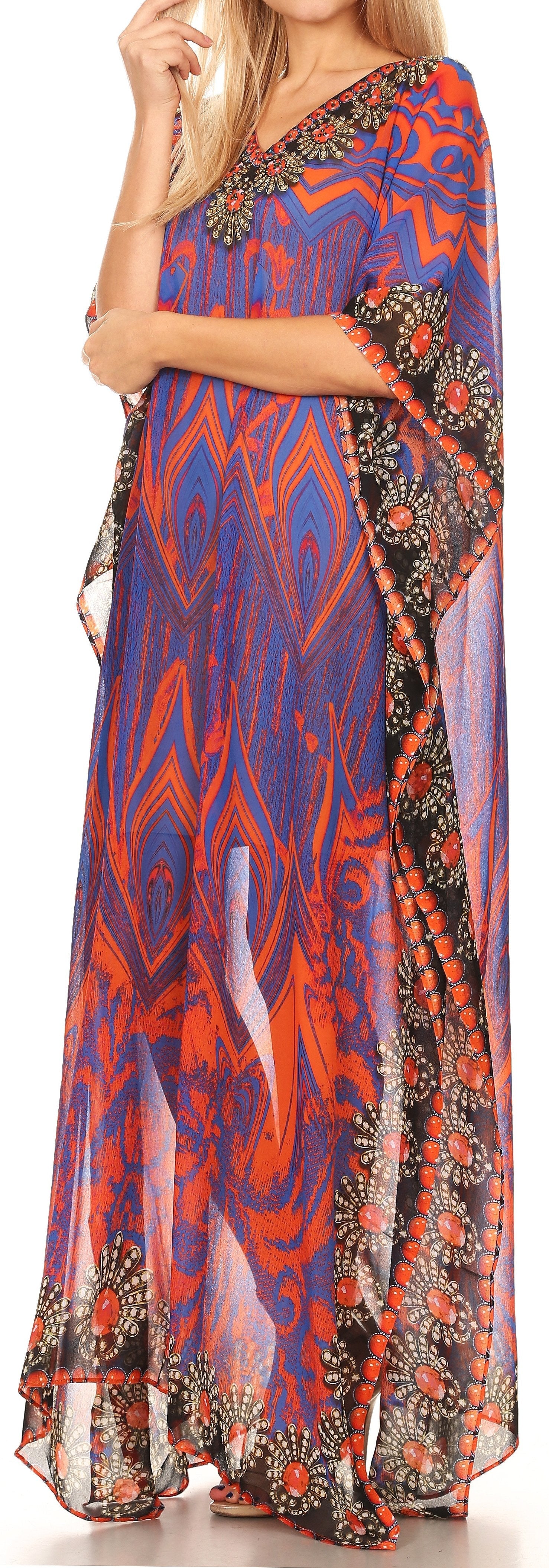 Sakkas Wilder Printed Design Long Sheer Rhinestone Caftan Dress / Cover Up - Image 39
