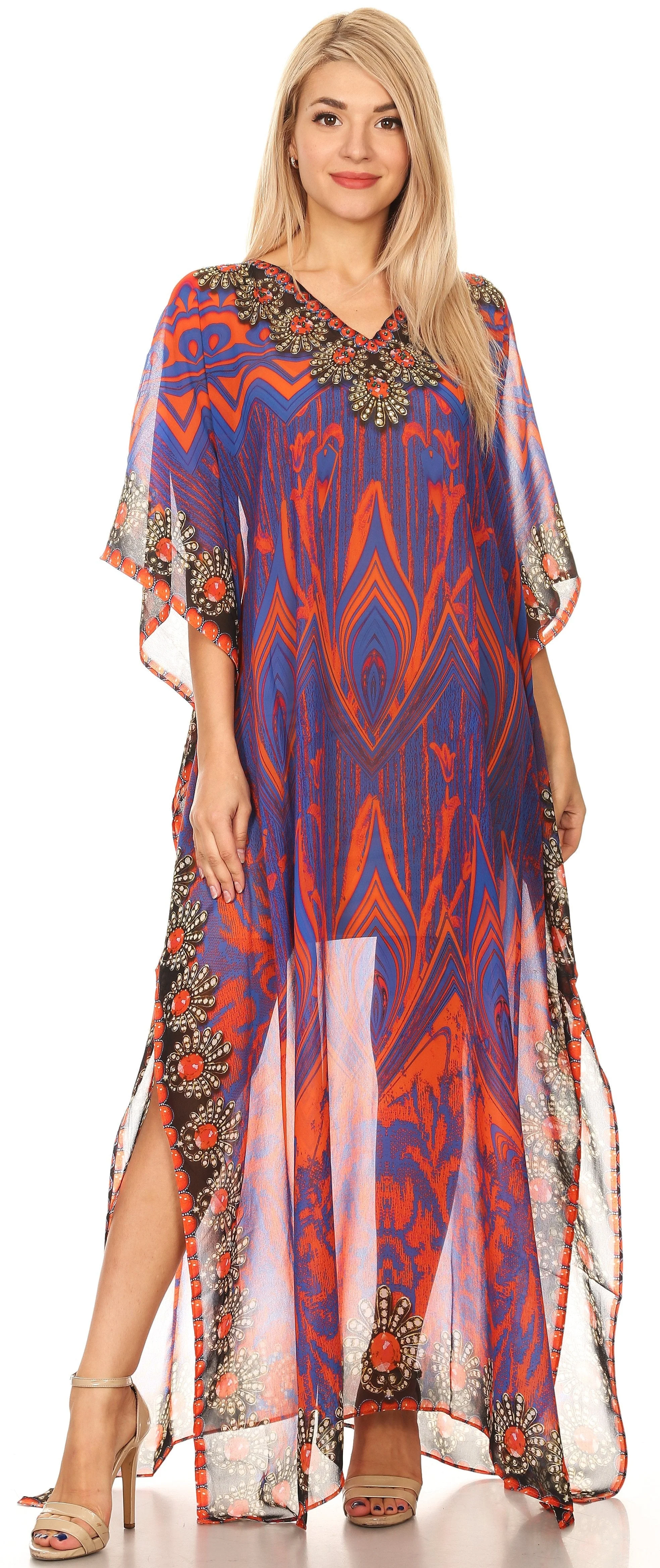 Sakkas Wilder Printed Design Long Sheer Rhinestone Caftan Dress / Cover Up - Image 40