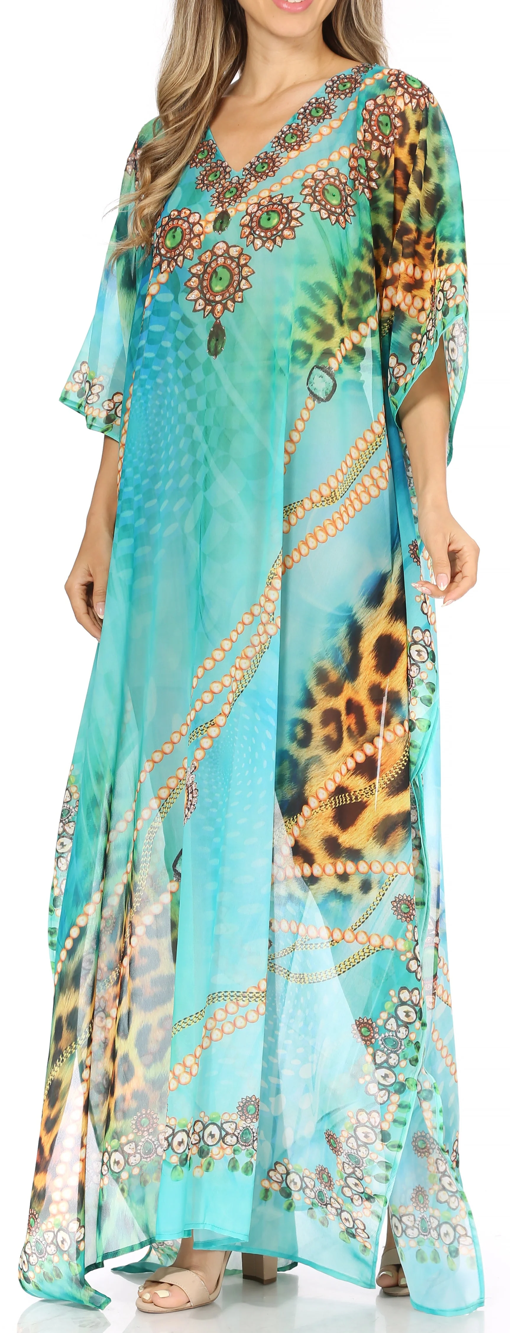 Sakkas Wilder Printed Design Long Sheer Rhinestone Caftan Dress / Cover Up - Image 43