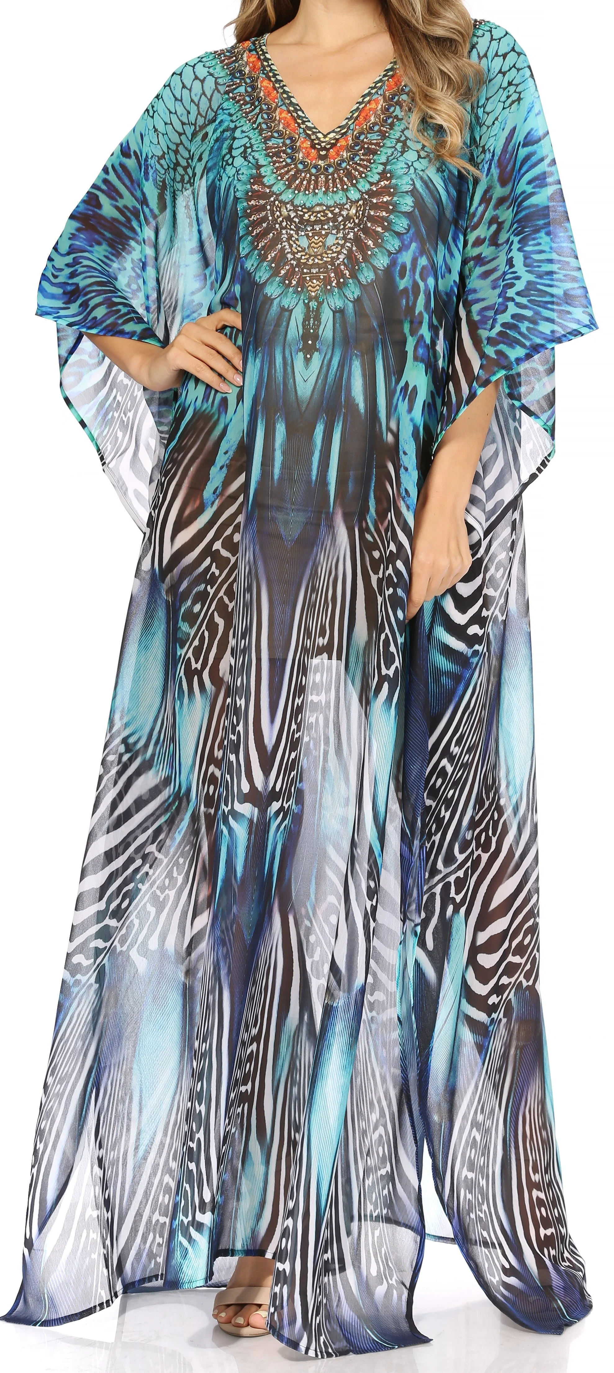 Sakkas Wilder Printed Design Long Sheer Rhinestone Caftan Dress / Cover Up - Image 51
