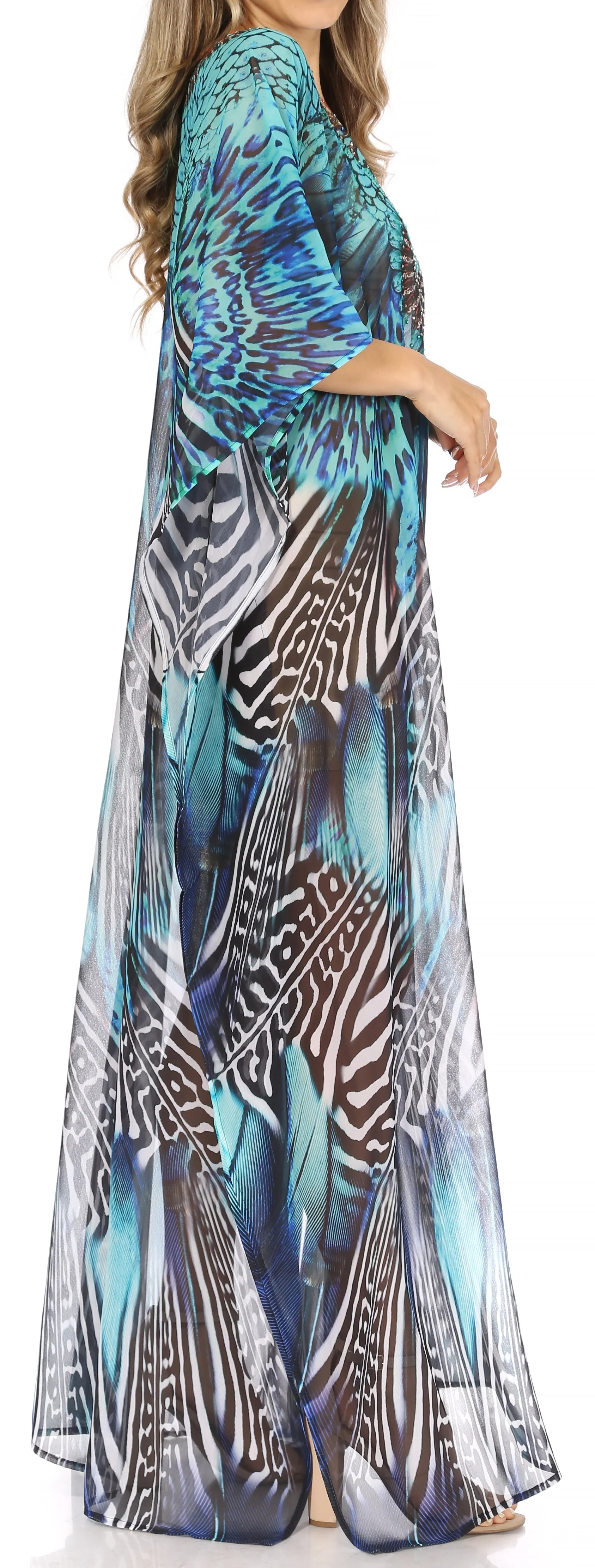 Sakkas Wilder Printed Design Long Sheer Rhinestone Caftan Dress / Cover Up - Image 53