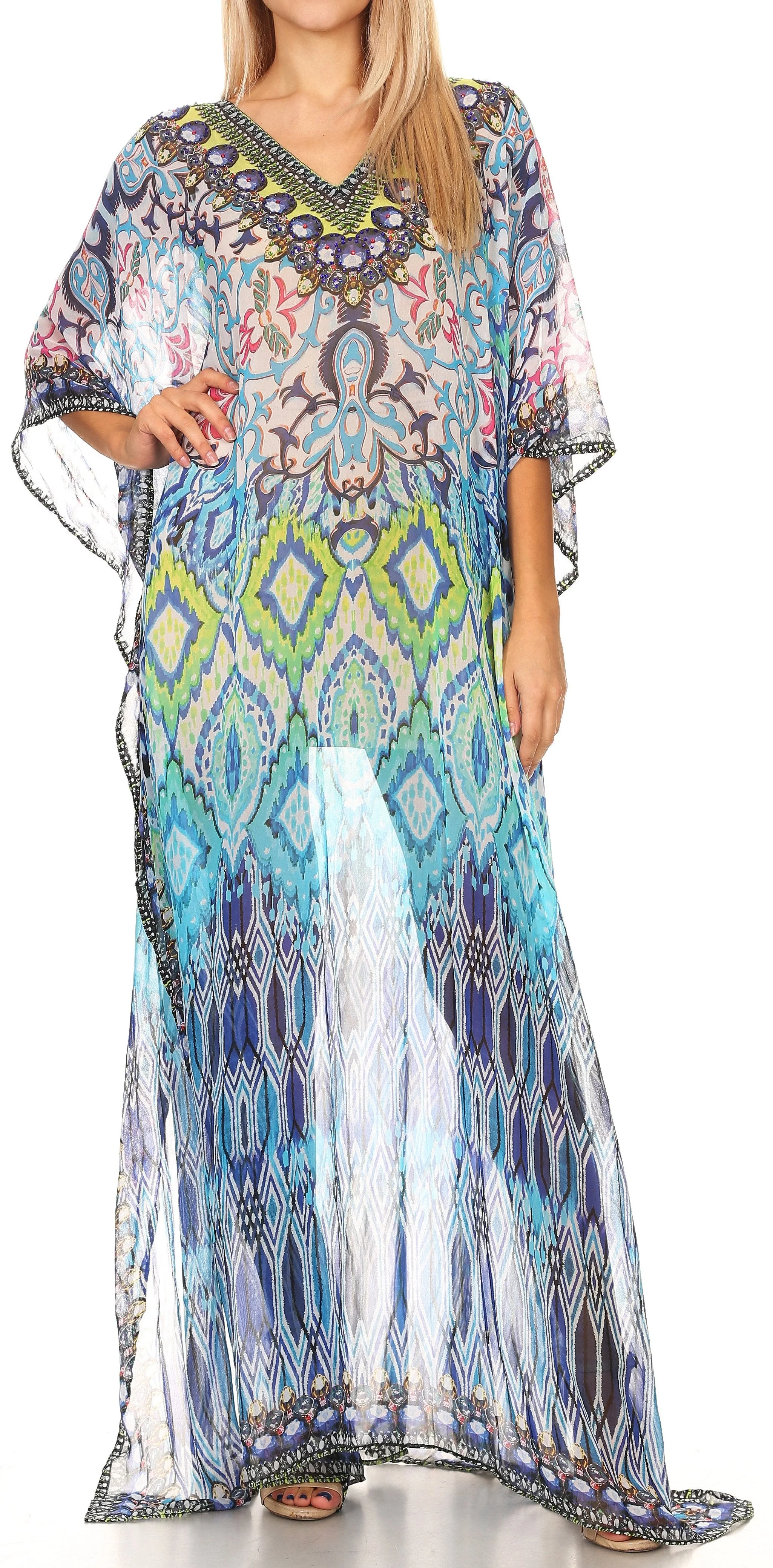 Sakkas Wilder Printed Design Long Sheer Rhinestone Caftan Dress / Cover Up - Image 56