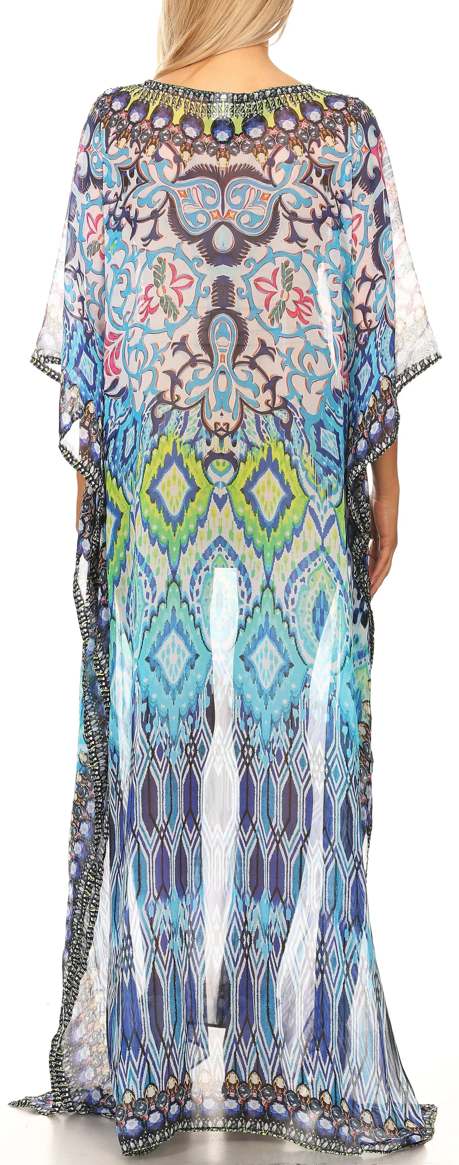 Sakkas Wilder Printed Design Long Sheer Rhinestone Caftan Dress / Cover Up - Image 57