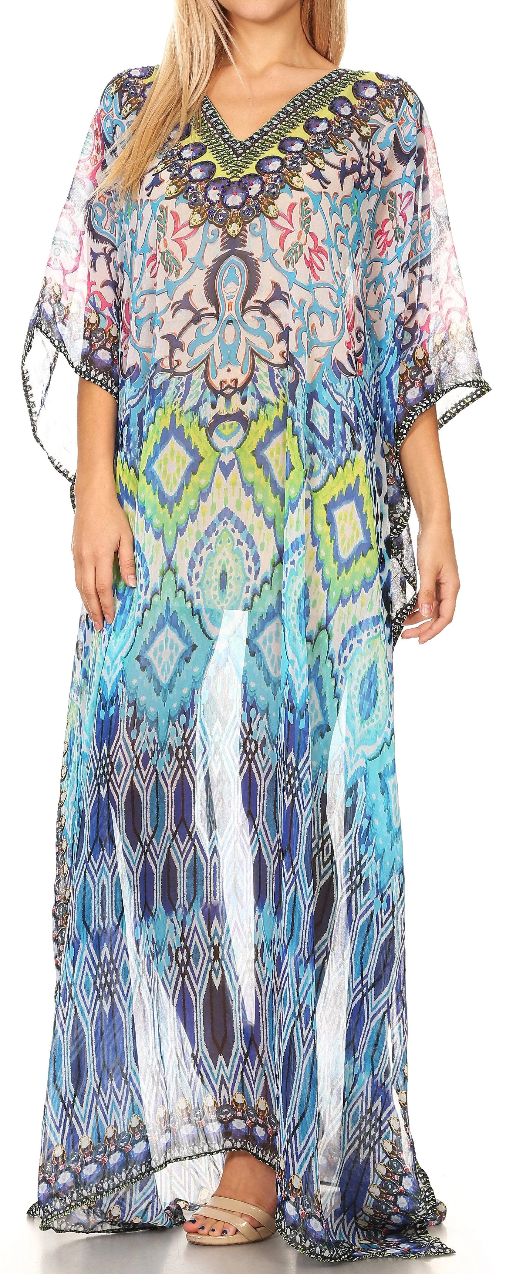 Sakkas Wilder Printed Design Long Sheer Rhinestone Caftan Dress / Cover Up - Image 59