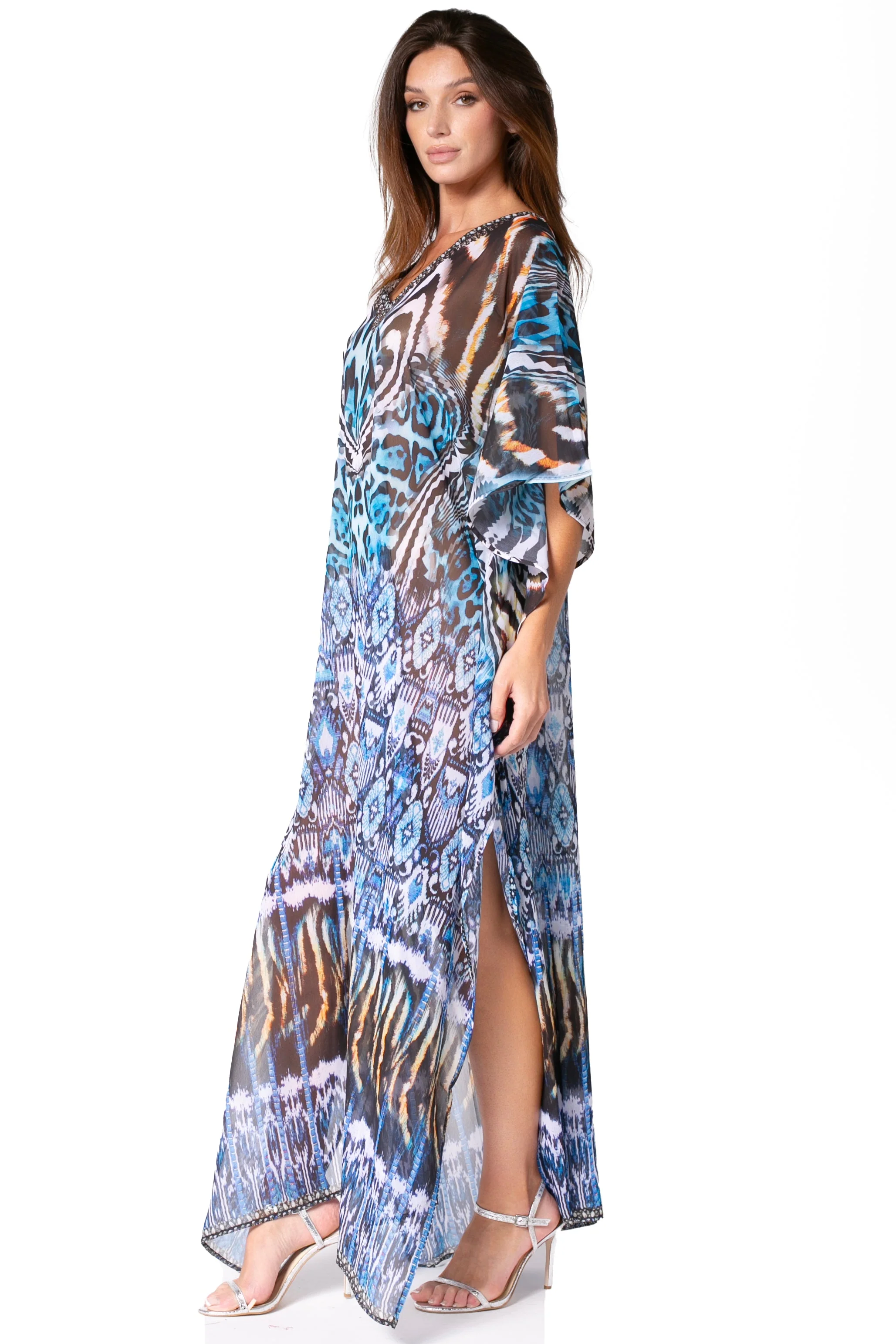 Sakkas Wilder Printed Design Long Sheer Rhinestone Caftan Dress / Cover Up - Image 63