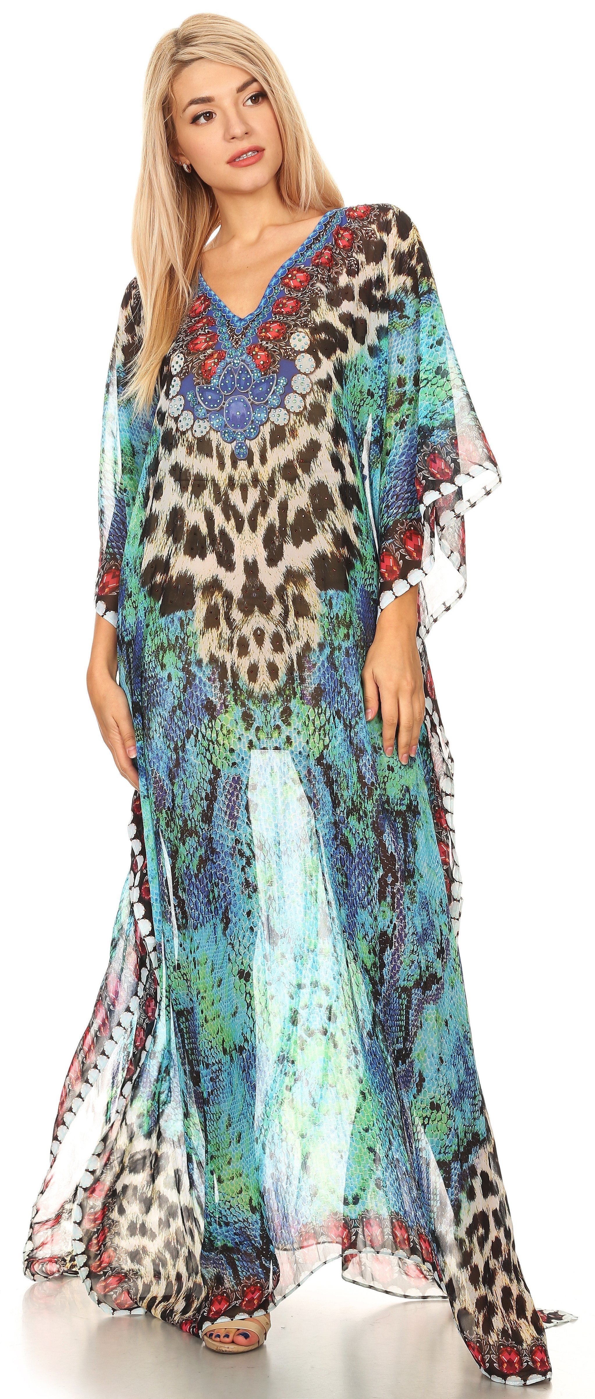 Sakkas Wilder Printed Design Long Sheer Rhinestone Caftan Dress / Cover Up - Image 70