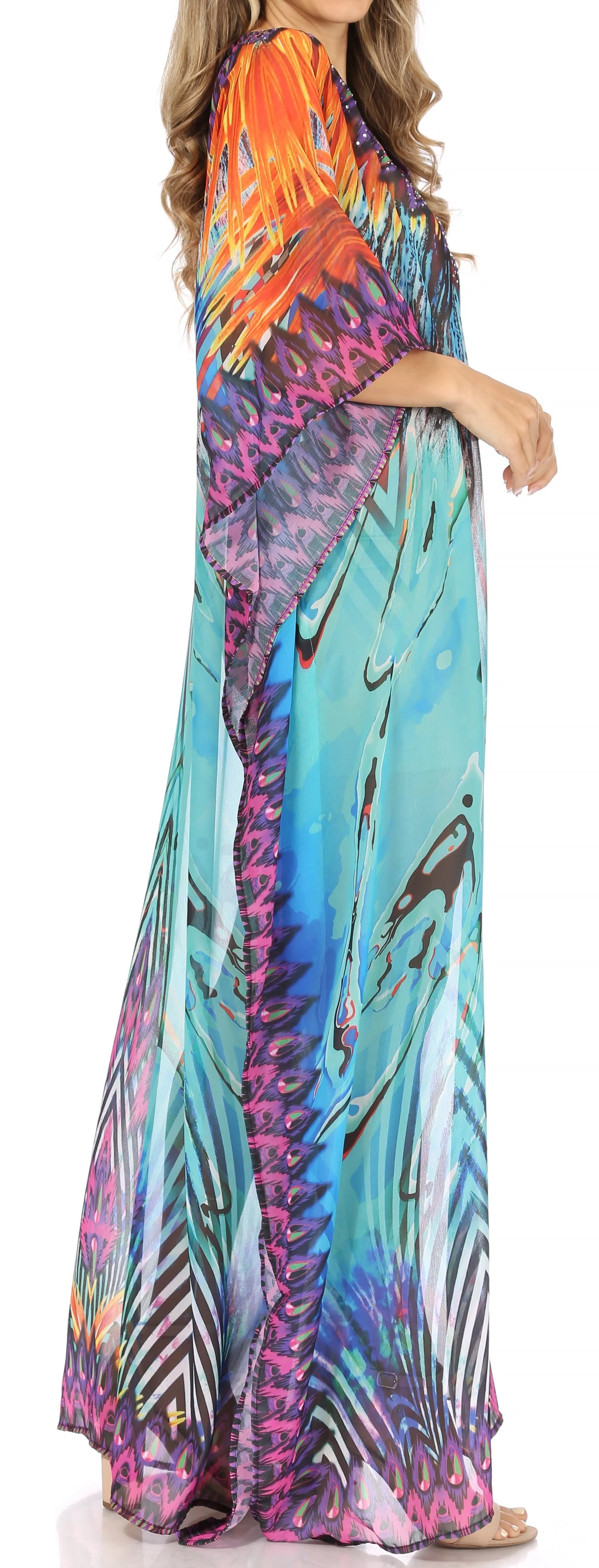 Sakkas Wilder Printed Design Long Sheer Rhinestone Caftan Dress / Cover Up - Image 8