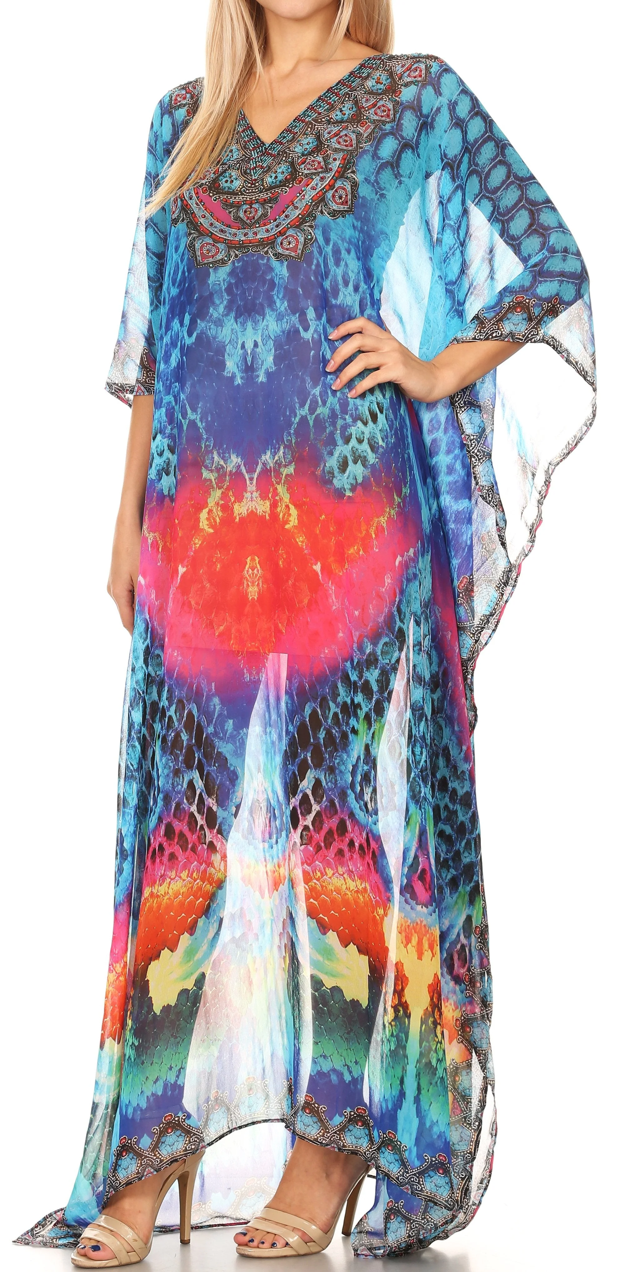 Sakkas Wilder Printed Design Long Sheer Rhinestone Caftan Dress / Cover Up - Image 84