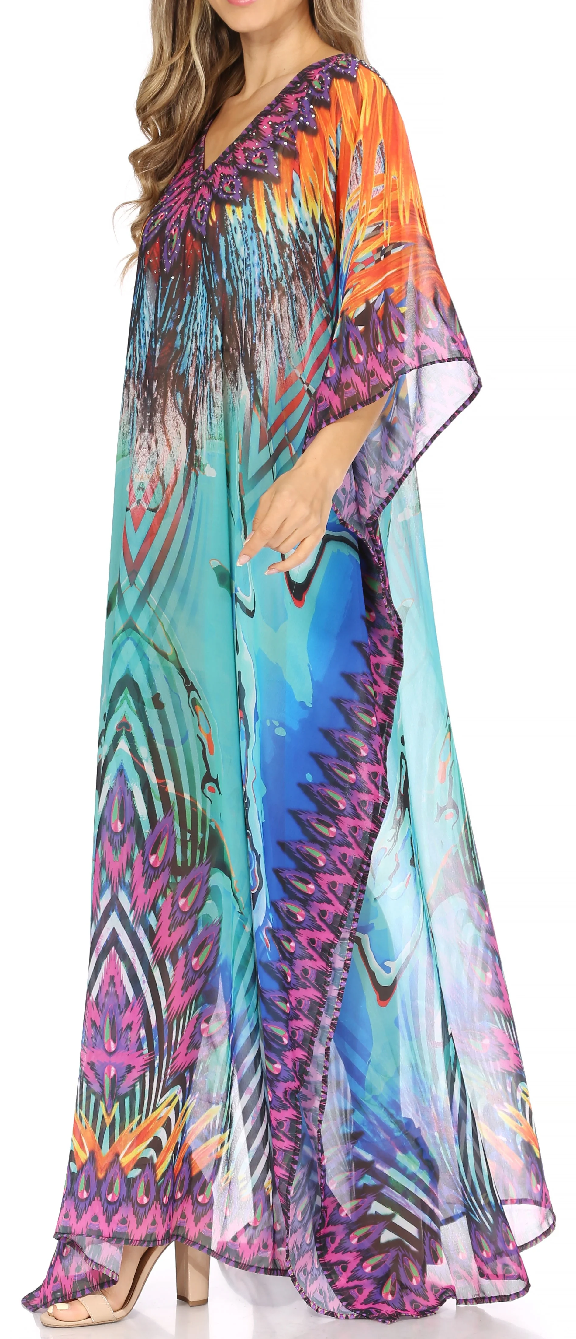 Sakkas Wilder Printed Design Long Sheer Rhinestone Caftan Dress / Cover Up - Image 9