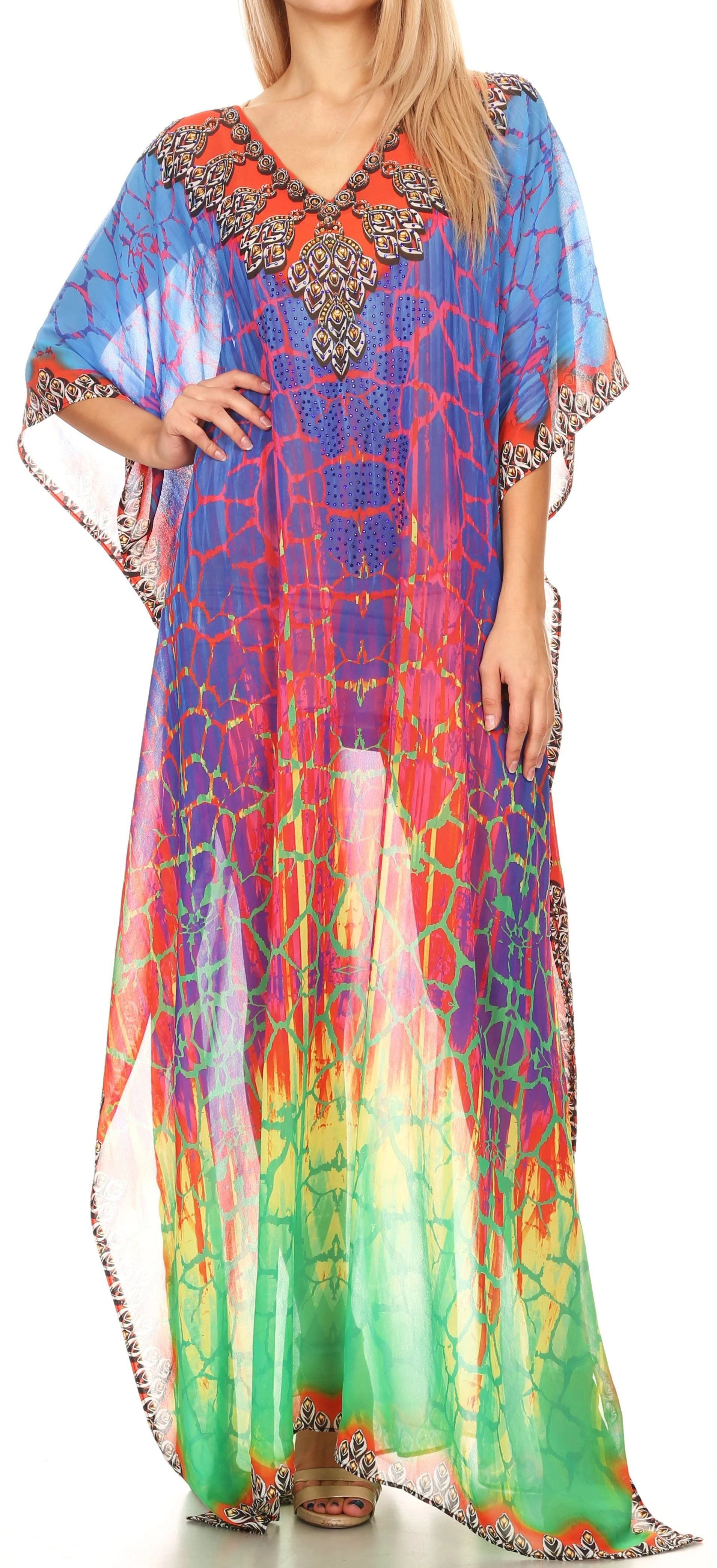 Sakkas Wilder Printed Design Long Sheer Rhinestone Caftan Dress / Cover Up - Image 91