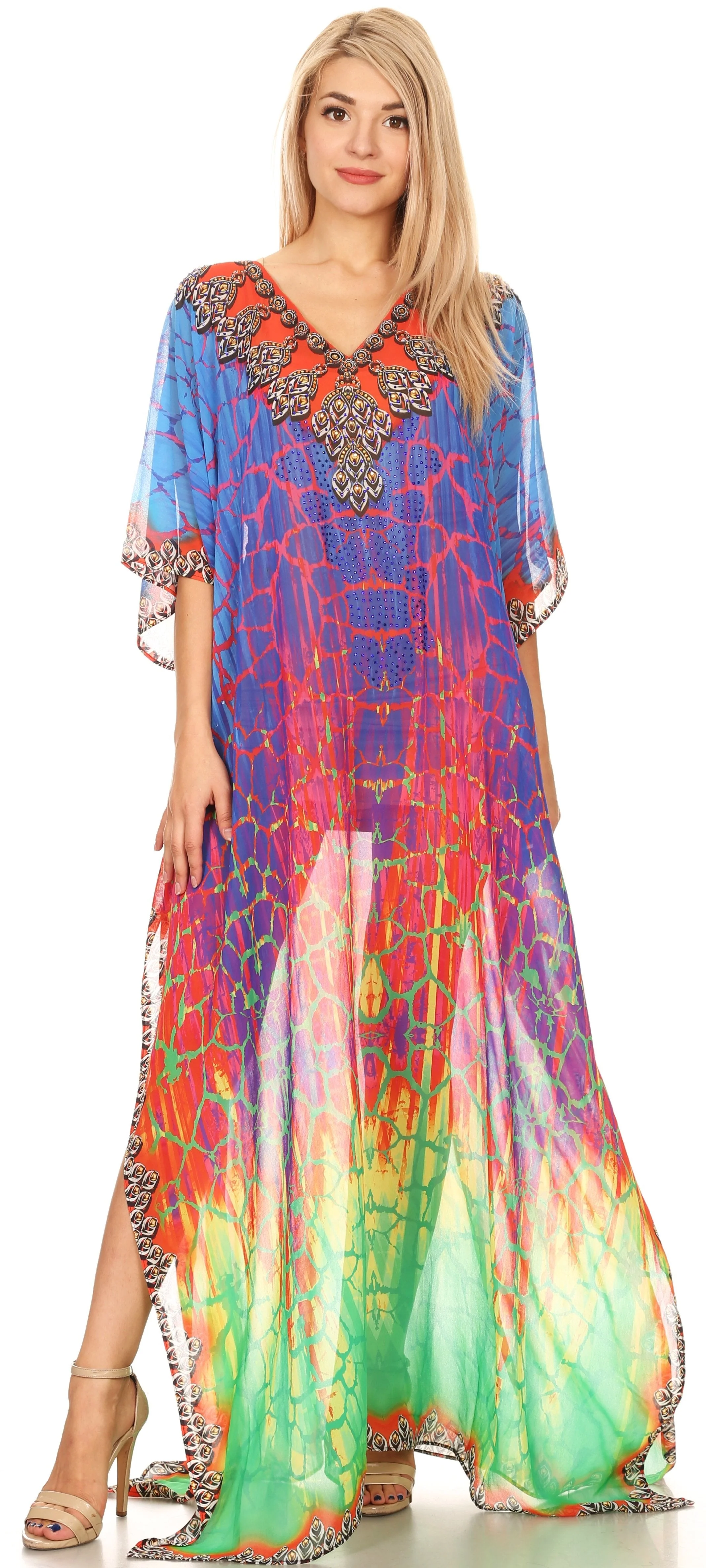 Sakkas Wilder Printed Design Long Sheer Rhinestone Caftan Dress / Cover Up - Image 95