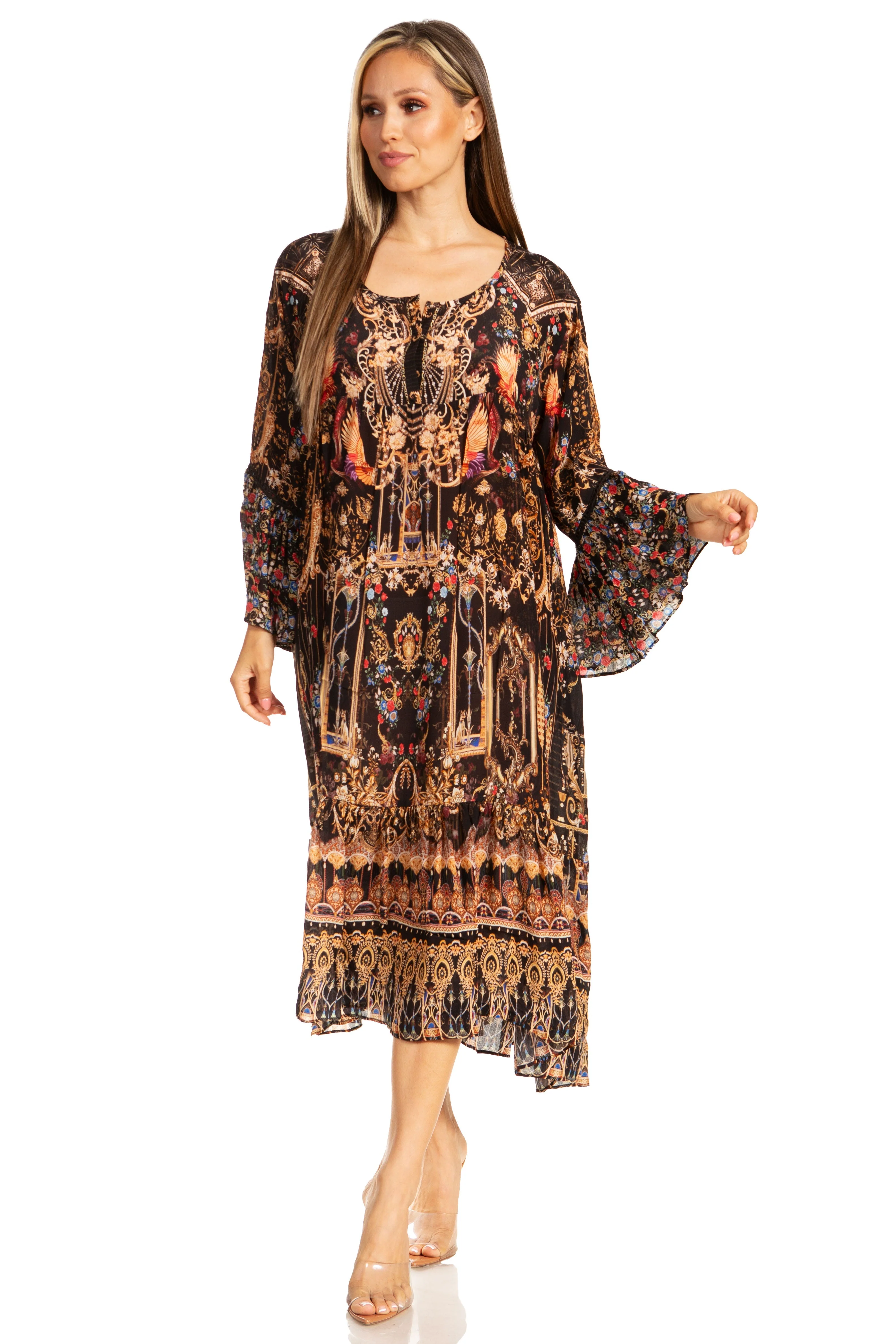 Sakkas Womens 3/4 Ruffled Sleeves Henley Neck Summer Short Flowy Dress/Beachwear - Image 15