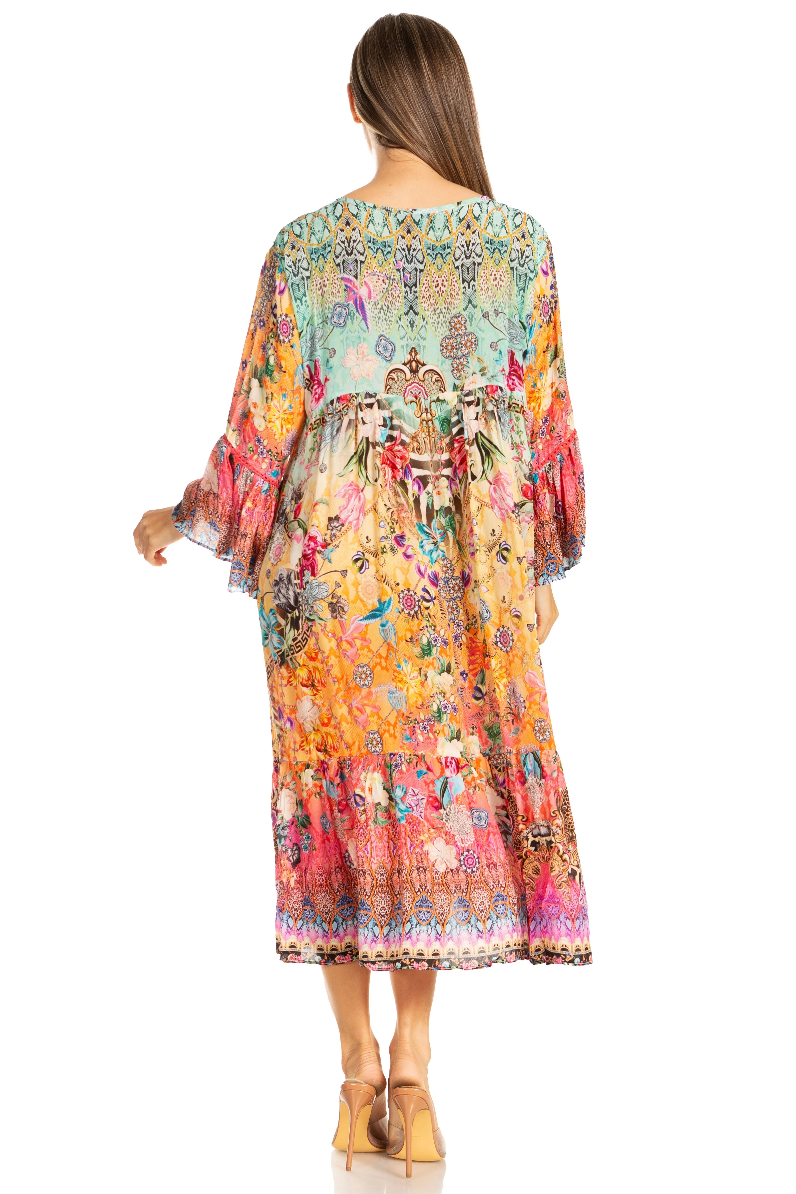 Sakkas Womens 3/4 Ruffled Sleeves Henley Neck Summer Short Flowy Dress/Beachwear - Image 2