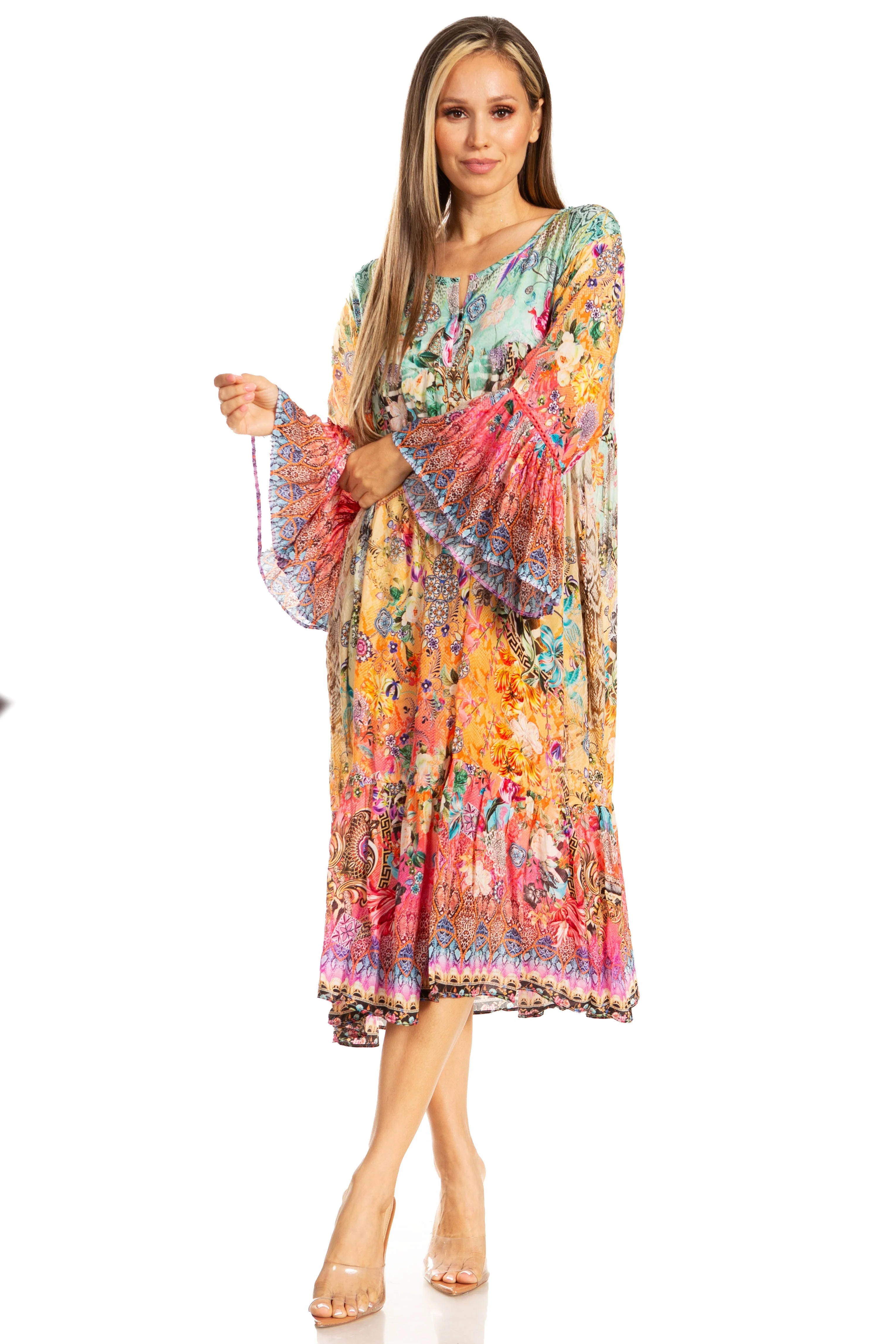 Sakkas Womens 3/4 Ruffled Sleeves Henley Neck Summer Short Flowy Dress/Beachwear - Image 5