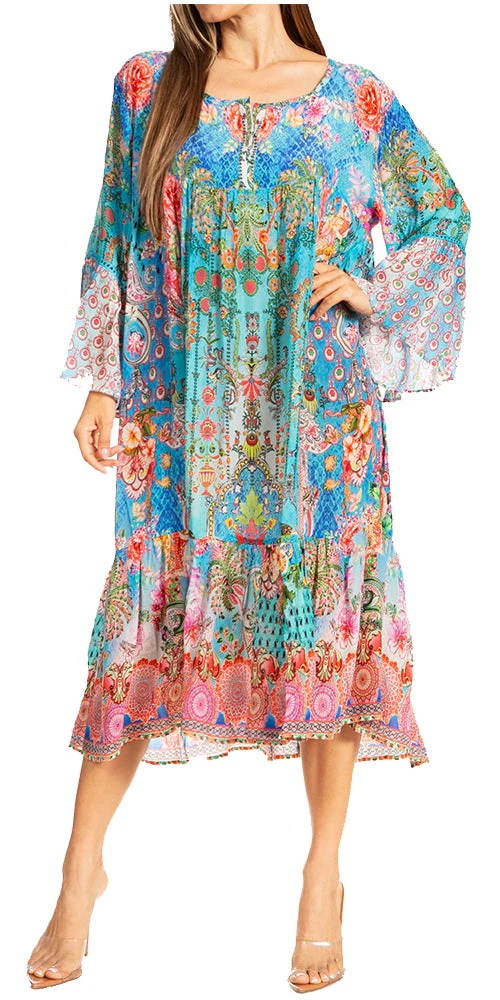 Sakkas Womens 3/4 Ruffled Sleeves Henley Neck Summer Short Flowy Dress/Beachwear - Image 6