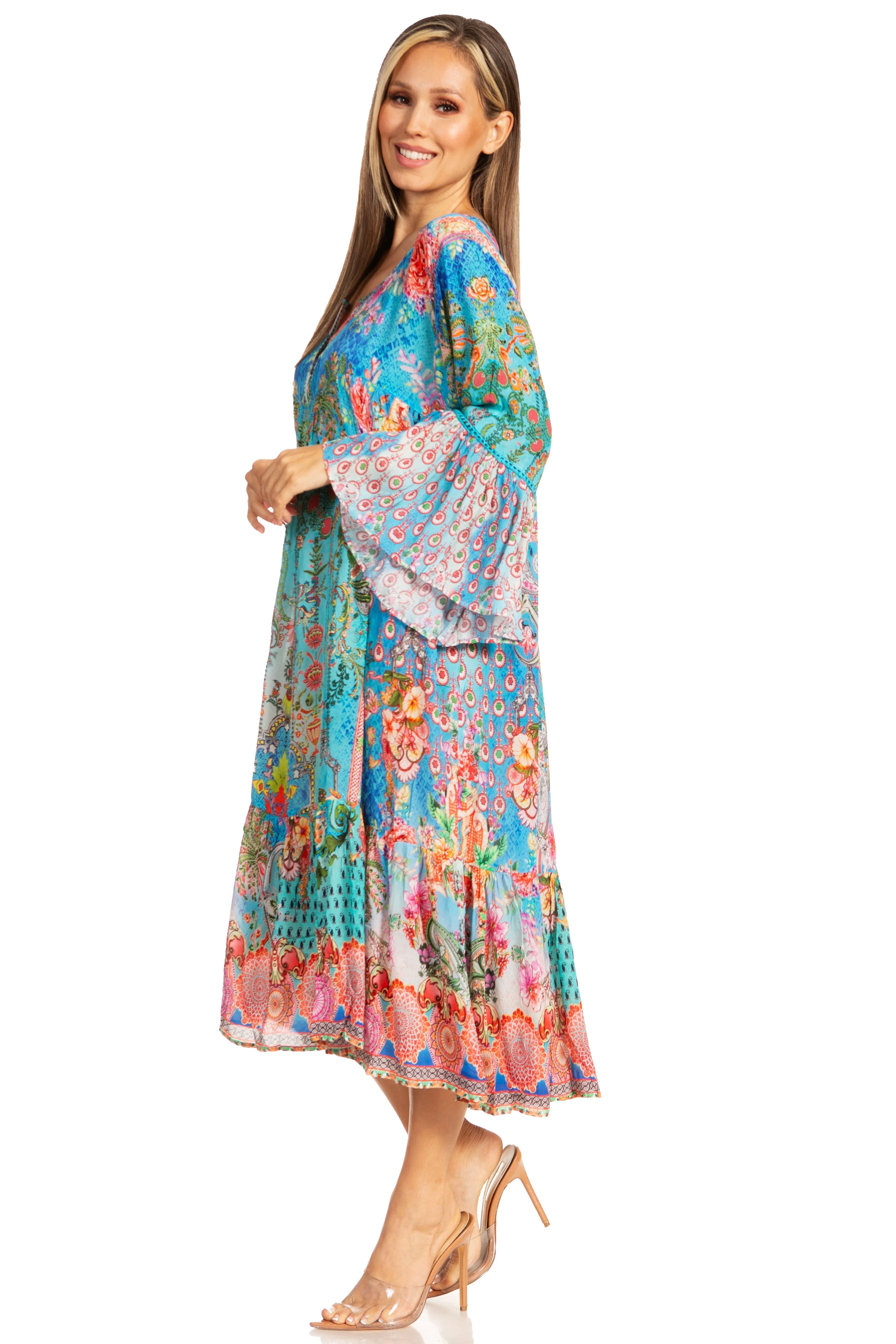 Sakkas Womens 3/4 Ruffled Sleeves Henley Neck Summer Short Flowy Dress/Beachwear - Image 8