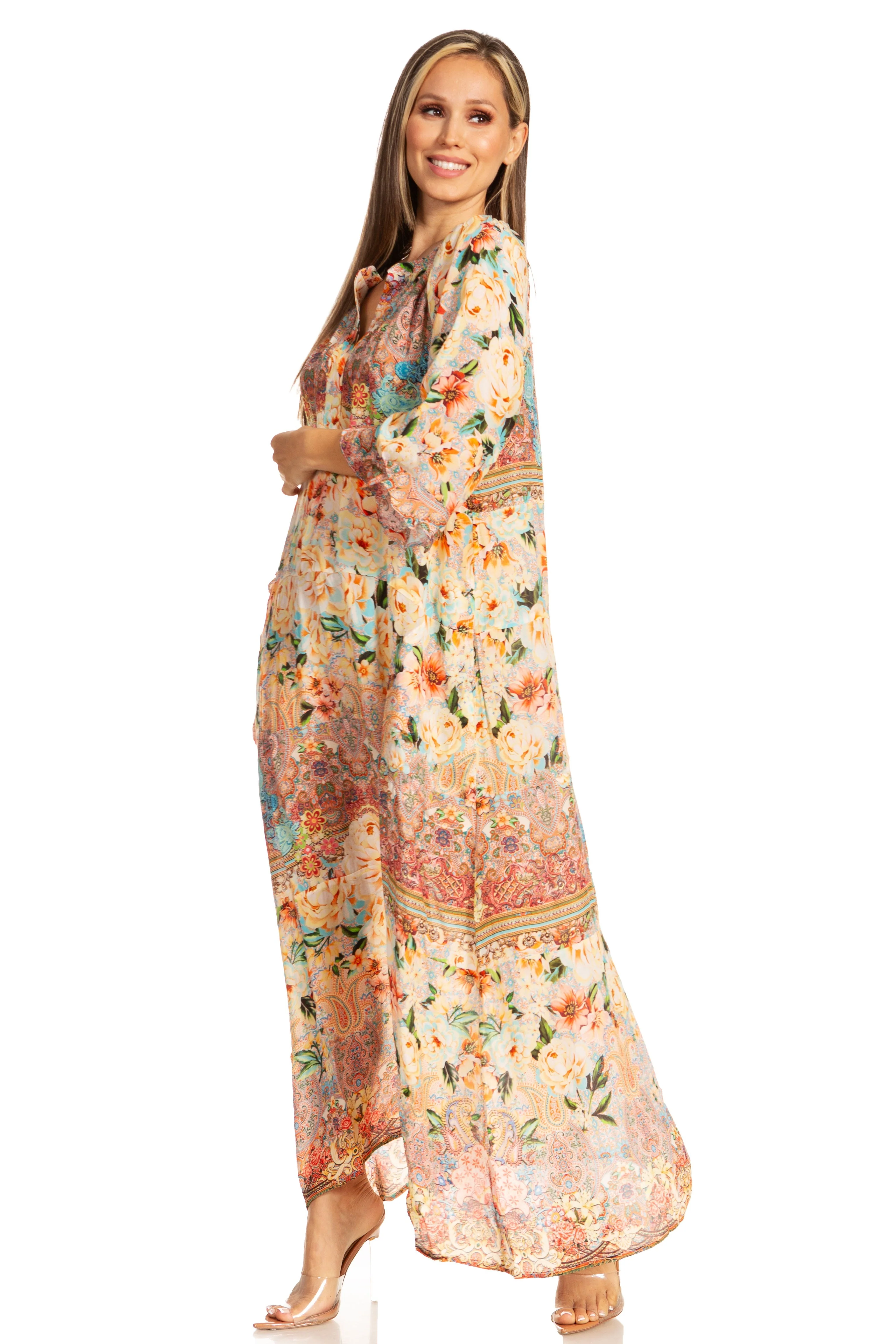 Sakkas Womens Henley Neck Elbow Sleeves Long A-Line Summer dress with pockets - Image 13