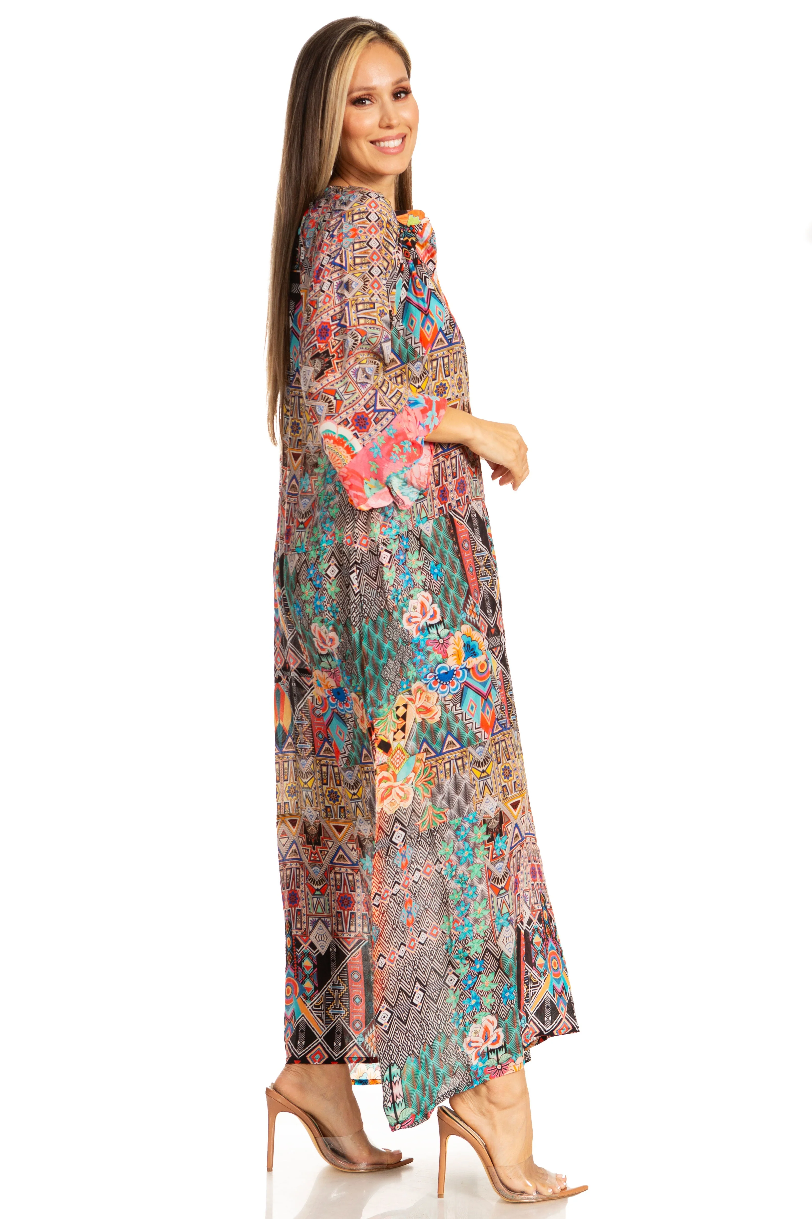 Sakkas Womens Henley Neck Elbow Sleeves Long A-Line Summer dress with pockets - Image 4