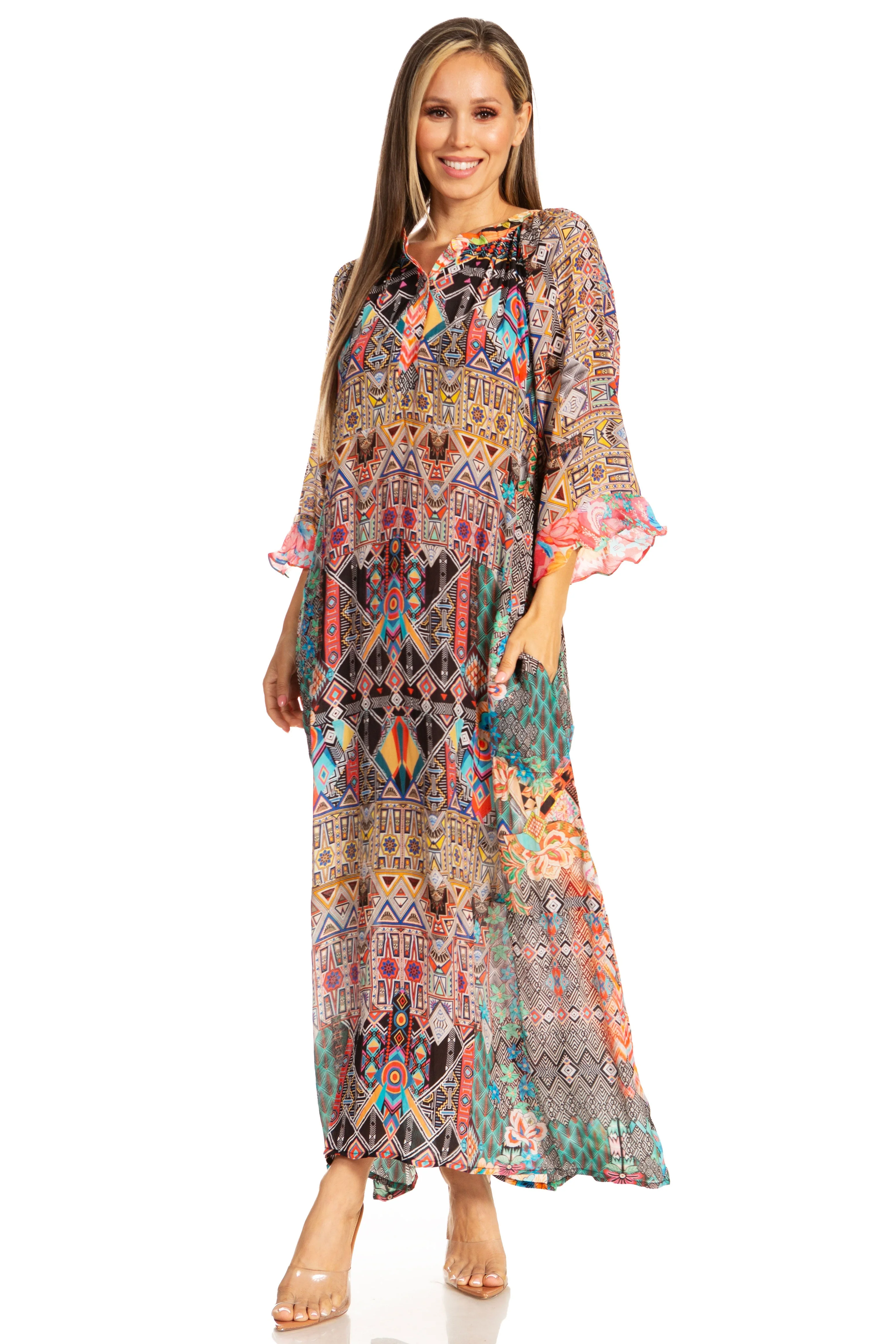 Sakkas Womens Henley Neck Elbow Sleeves Long A-Line Summer dress with pockets - Image 5