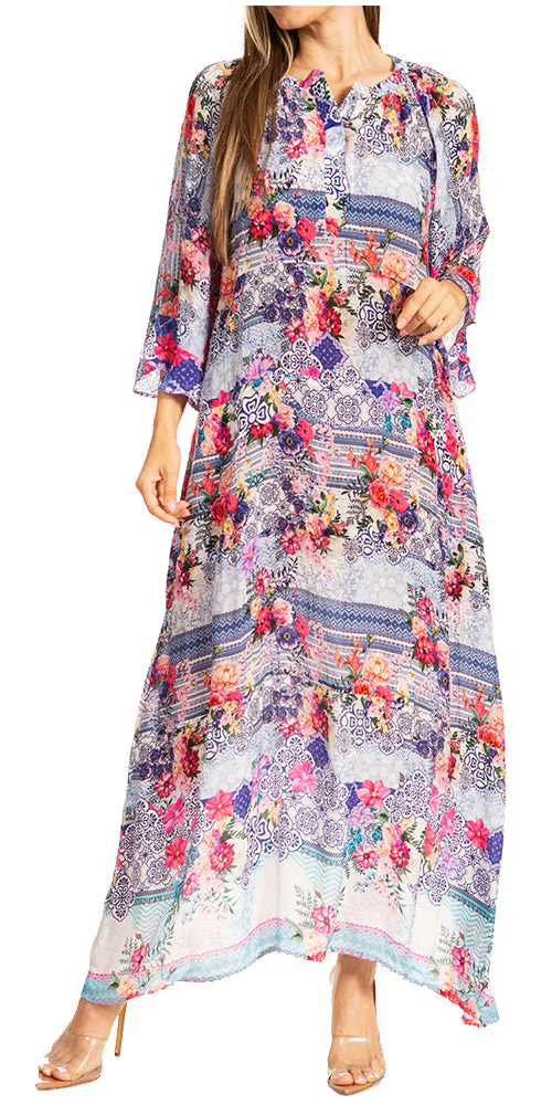 Sakkas Womens Henley Neck Elbow Sleeves Long A-Line Summer dress with pockets - Image 6