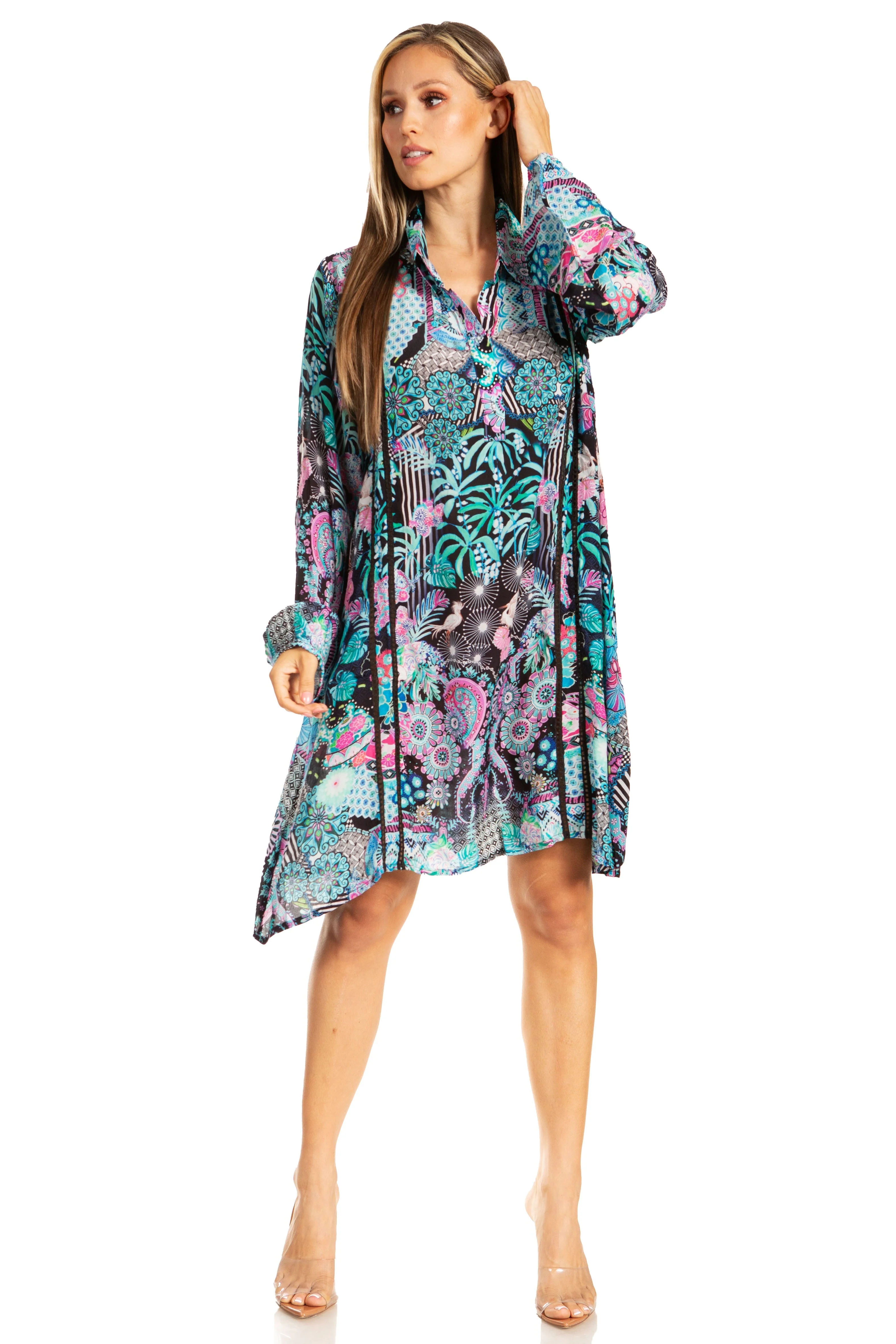 Sakkas Womens Long Sleeves Collared Neck Spring/Summer Short Shirt Dress/Cover-up - Image 10