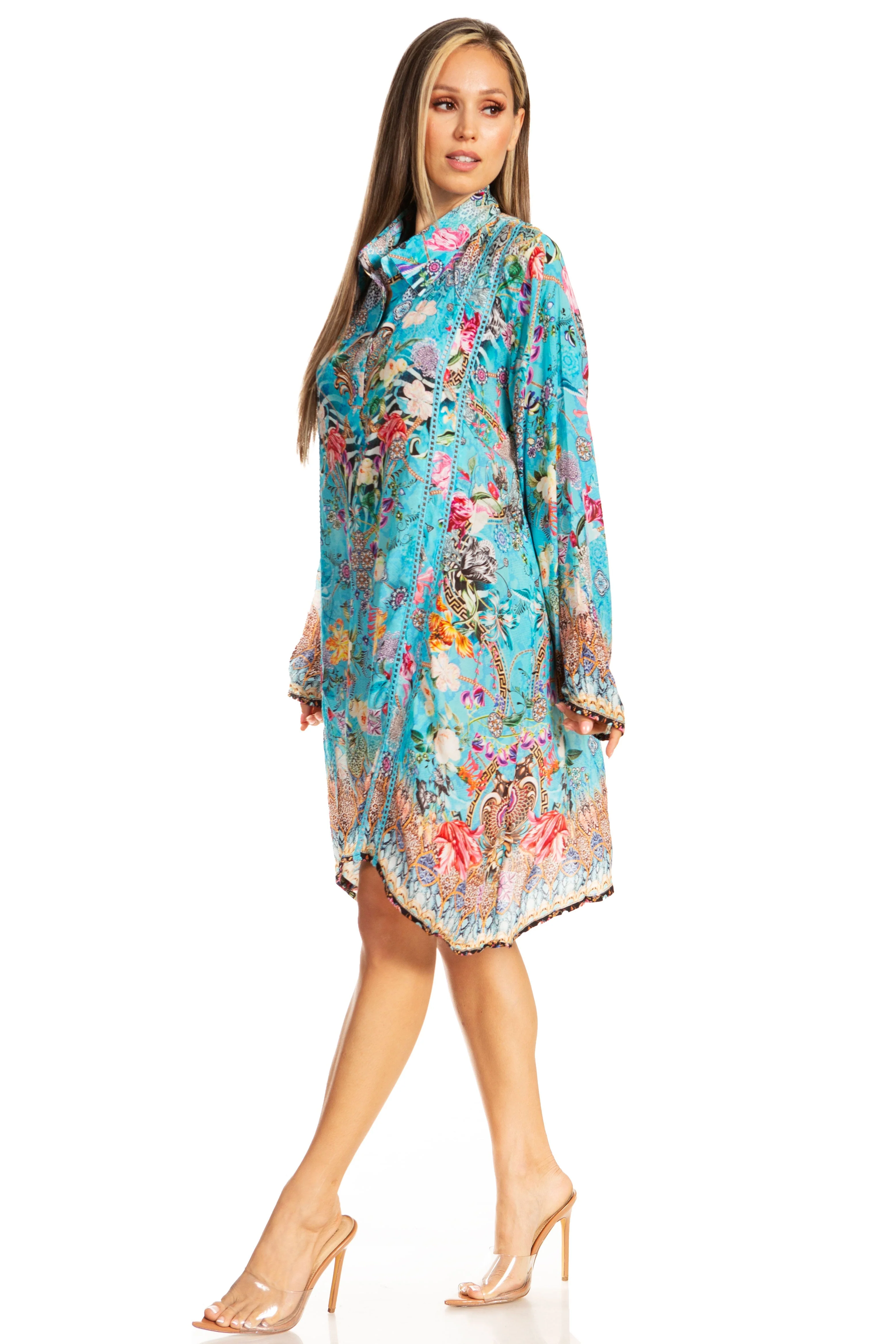 Sakkas Womens Long Sleeves Collared Neck Spring/Summer Short Shirt Dress/Cover-up - Image 3