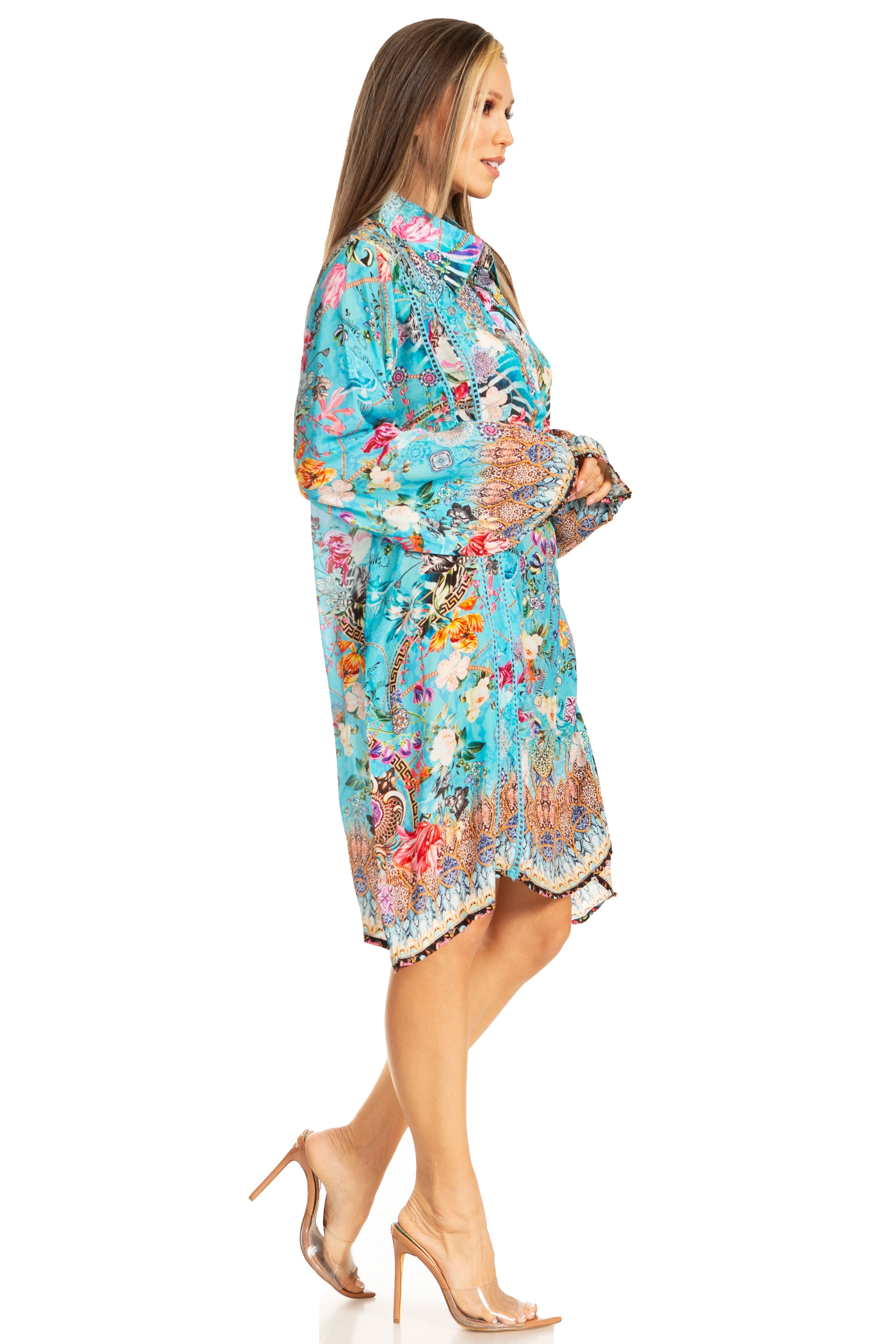 Sakkas Womens Long Sleeves Collared Neck Spring/Summer Short Shirt Dress/Cover-up - Image 4