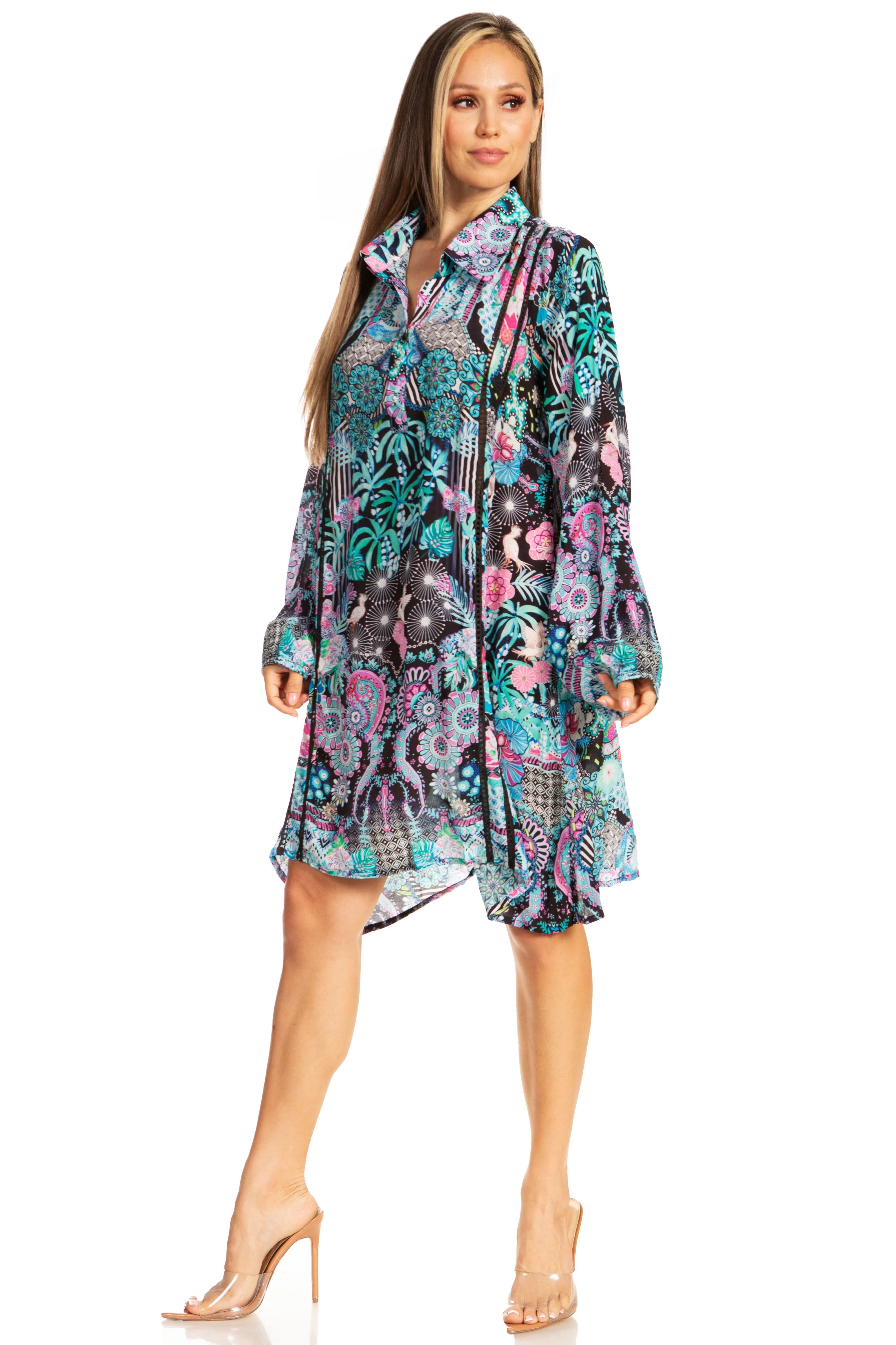 Sakkas Womens Long Sleeves Collared Neck Spring/Summer Short Shirt Dress/Cover-up - Image 8