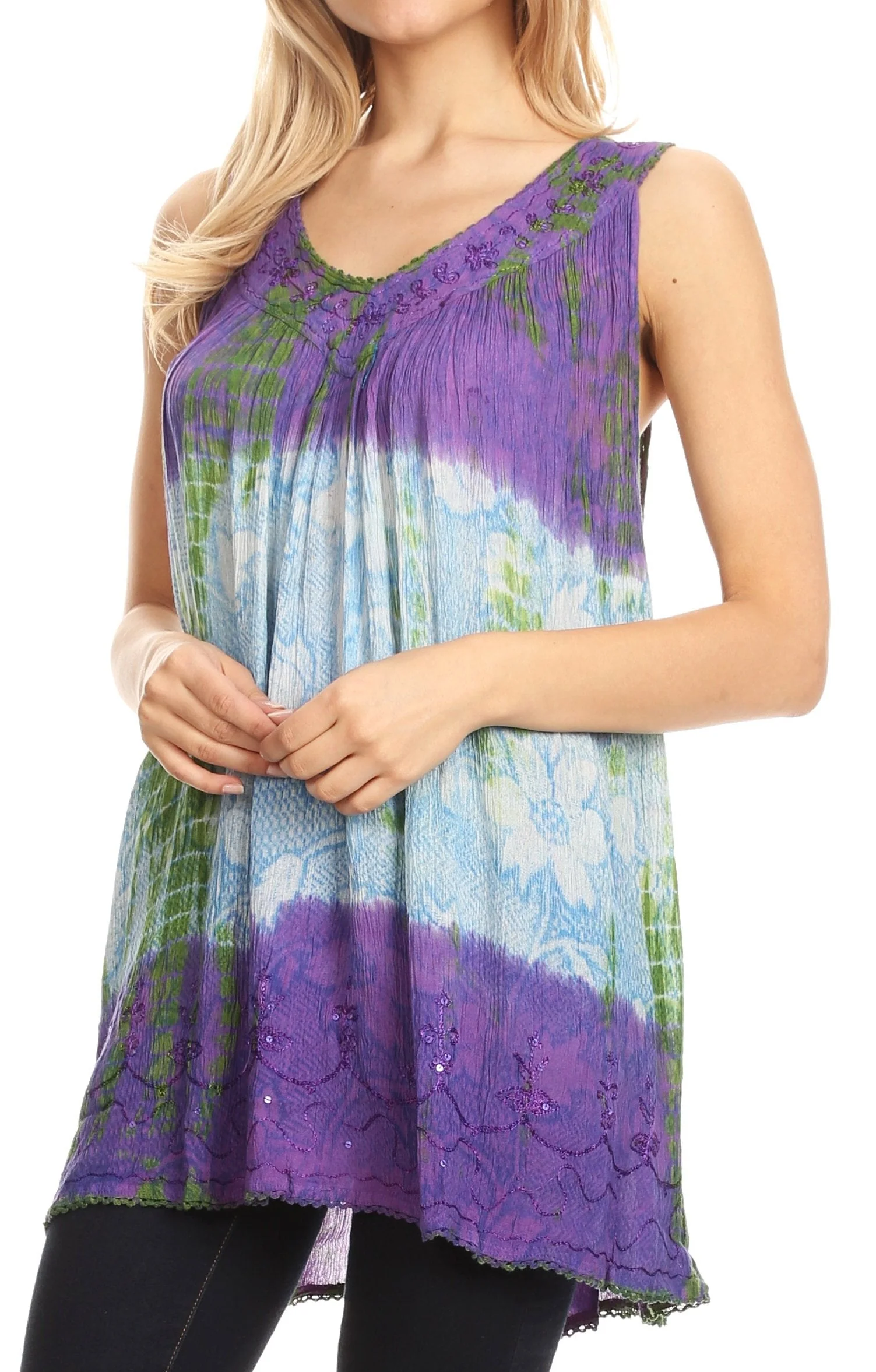 Sakkas Women's Tie Dye Floral Sequin Sleeveless Blouse - Image 34