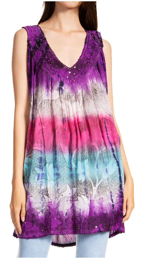 Sakkas Women's Tie Dye Floral Sequin Sleeveless Blouse - Image 36