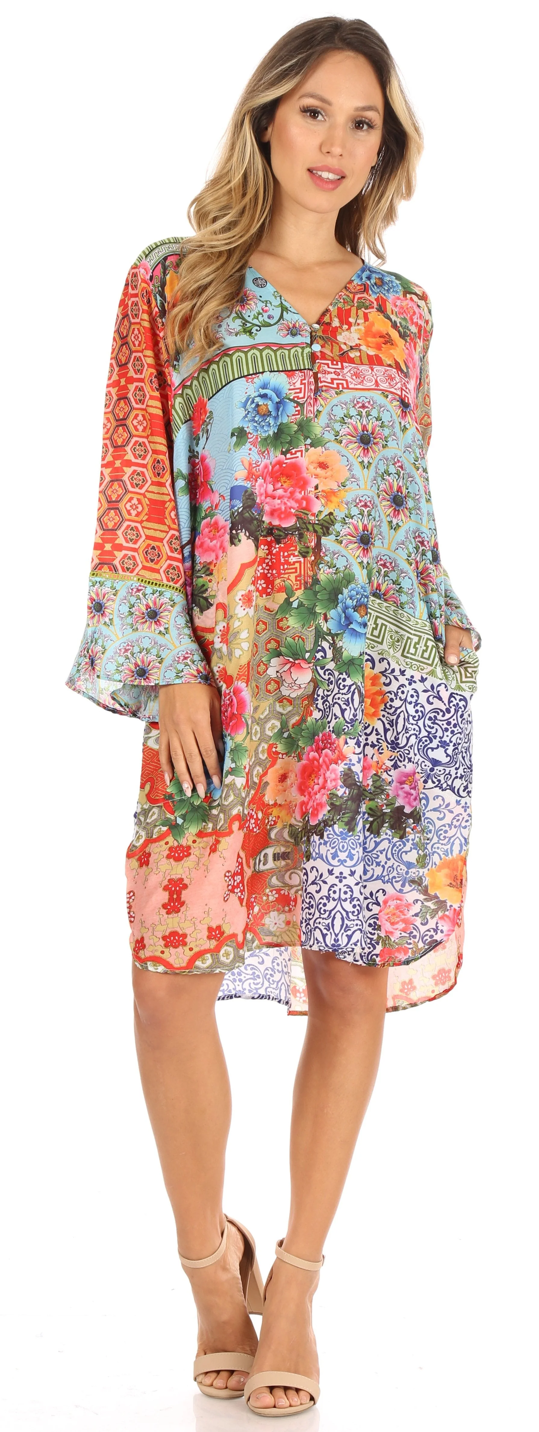 Sakkas Ximena Women's Floral Boho Cocktail Dress Tunic Cover-up V neck Summer - Image 10