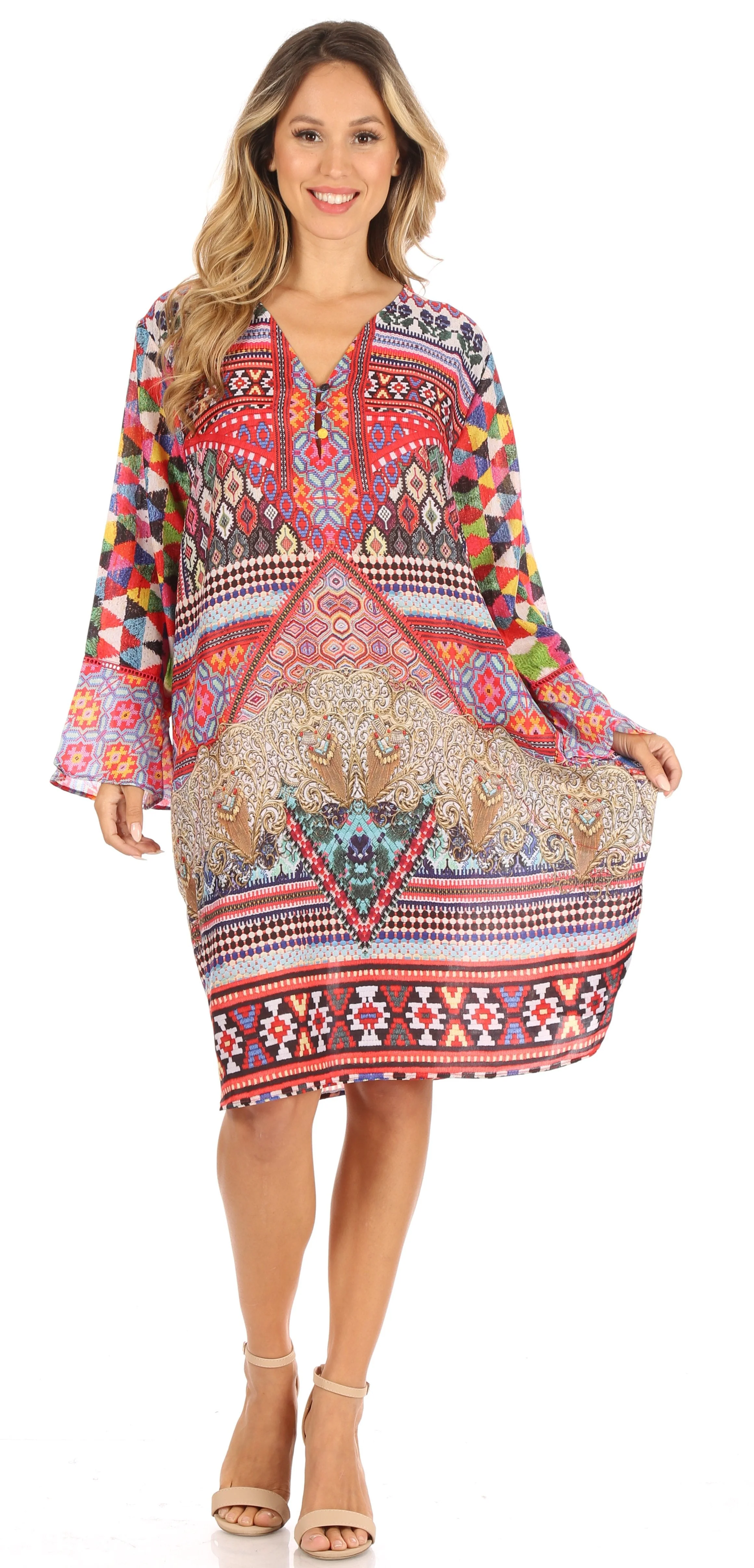 Sakkas Ximena Women's Floral Boho Cocktail Dress Tunic Cover-up V neck Summer - Image 15