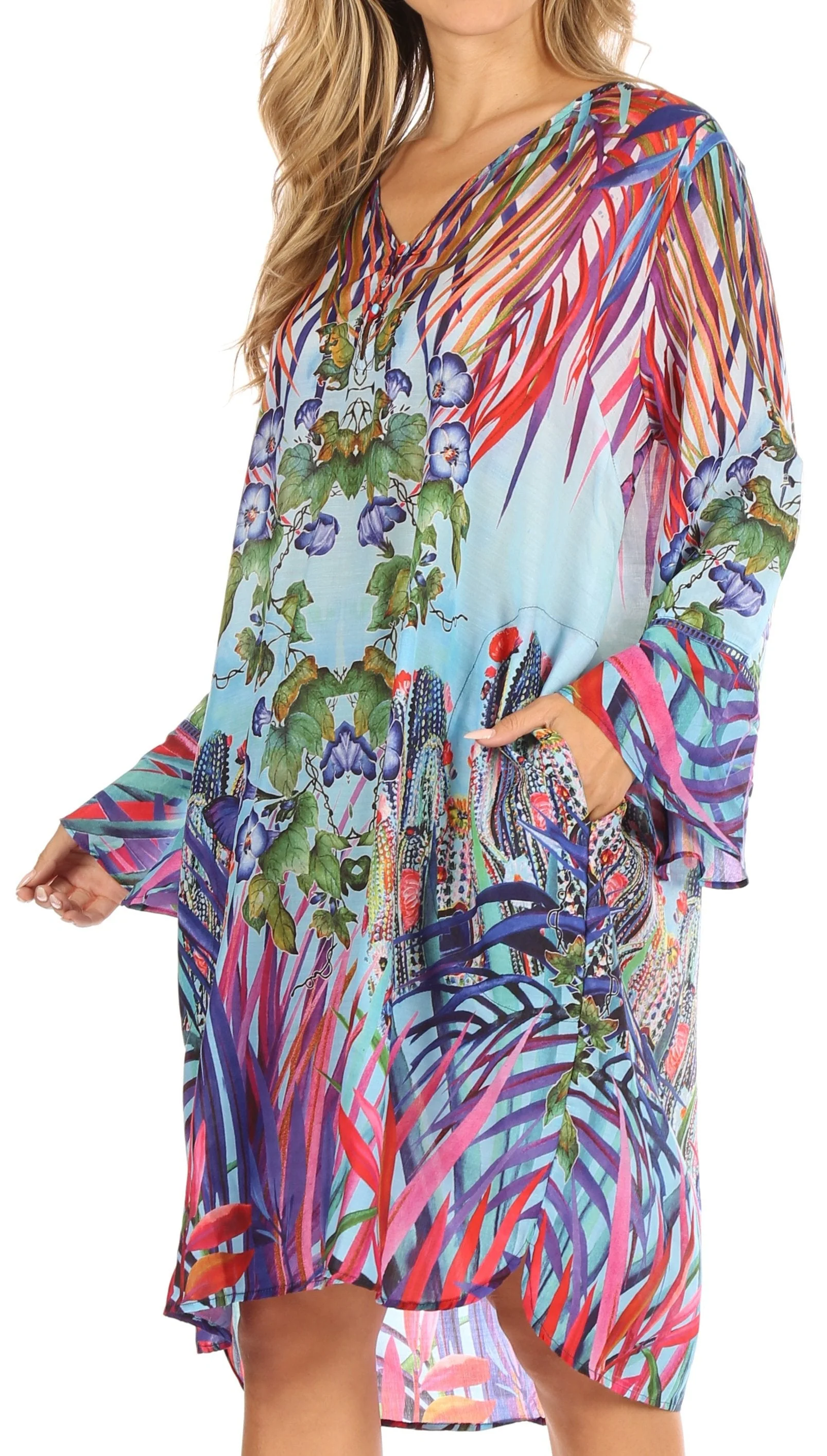 Sakkas Ximena Women's Floral Boho Cocktail Dress Tunic Cover-up V neck Summer - Image 3