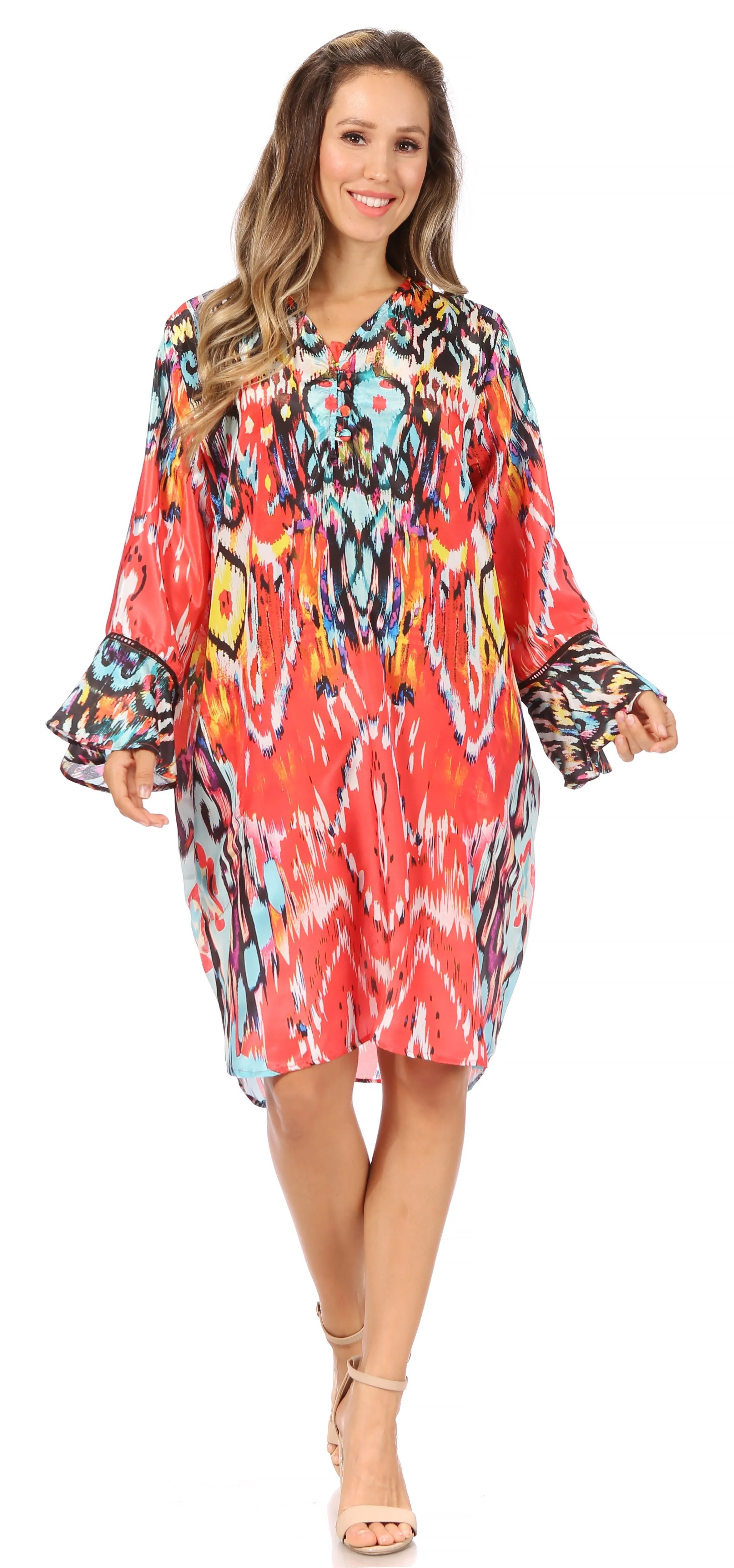 Sakkas Ximena Women's Floral Boho Cocktail Dress Tunic Cover-up V neck Summer - Image 50