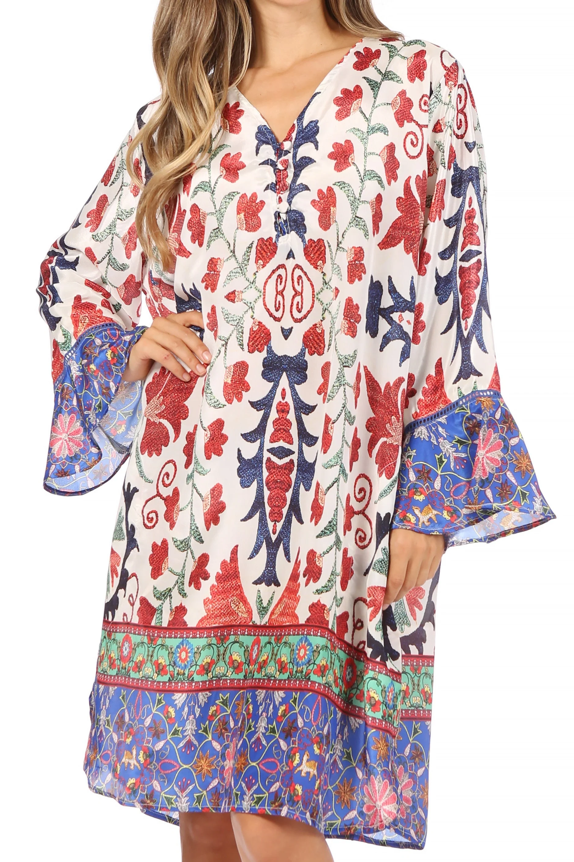 Sakkas Ximena Women's Floral Boho Cocktail Dress Tunic Cover-up V neck Summer - Image 51